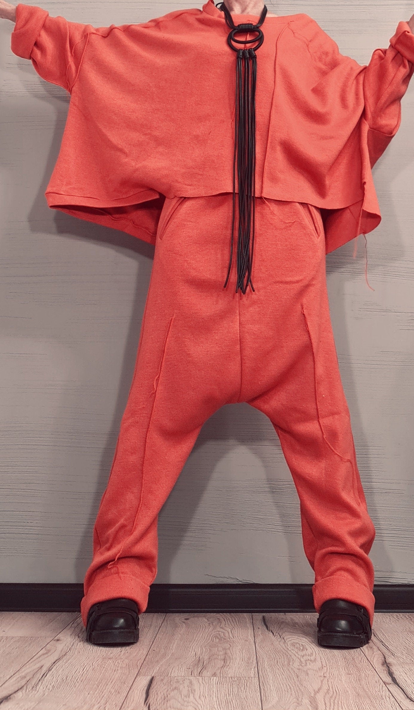 New collection Extravagant Knitted Set, Harem pant, Asymmetrical Orange Set, Outwear Women Set, Warm and soft set, Outer seam