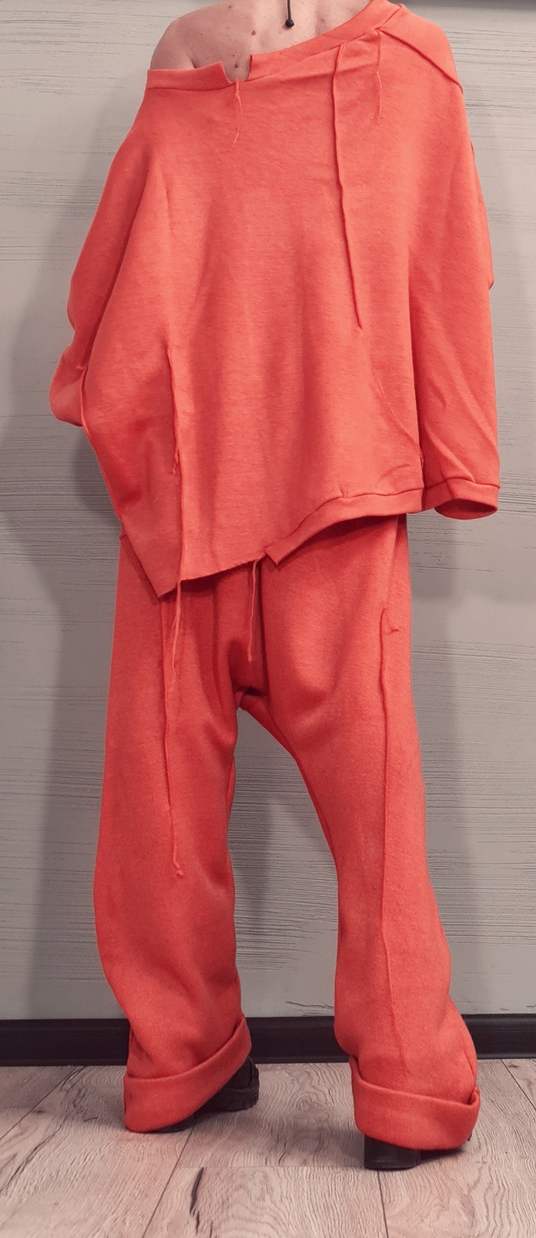 New collection Extravagant Knitted Set, Harem pant, Asymmetrical Orange Set, Outwear Women Set, Warm and soft set, Outer seam