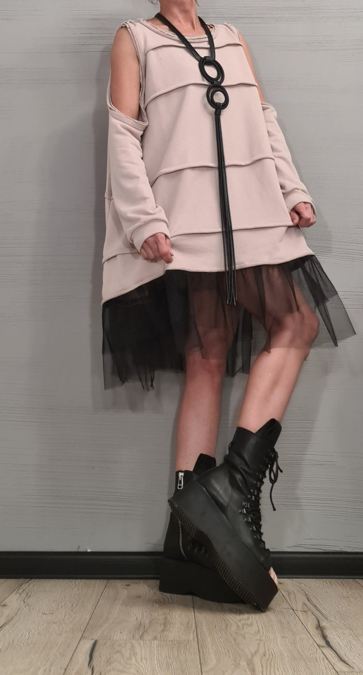 Asymmetrical Dress Tunicq Avant Garde Loose Dress, Deconstructed Oversize Dress, With and without sleeve, Dress with tulle