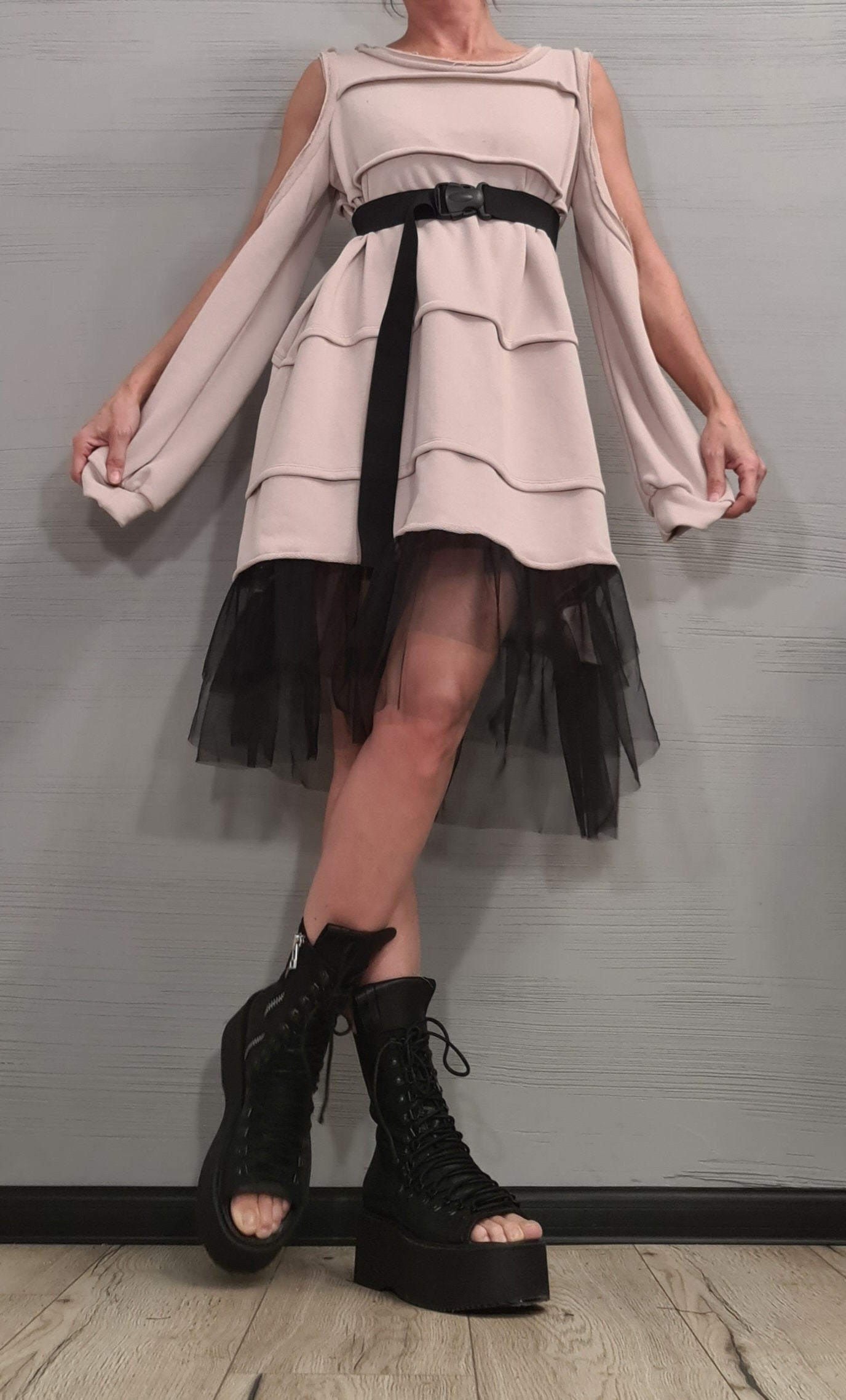 Asymmetrical Dress Tunicq Avant Garde Loose Dress, Deconstructed Oversize Dress, With and without sleeve, Dress with tulle