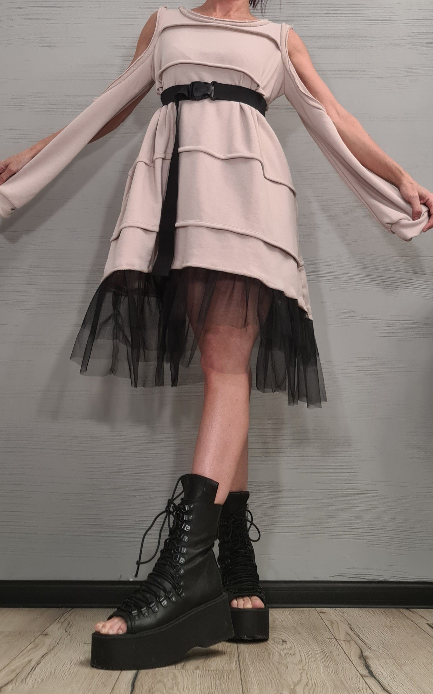 Asymmetrical Dress Tunicq Avant Garde Loose Dress, Deconstructed Oversize Dress, With and without sleeve, Dress with tulle