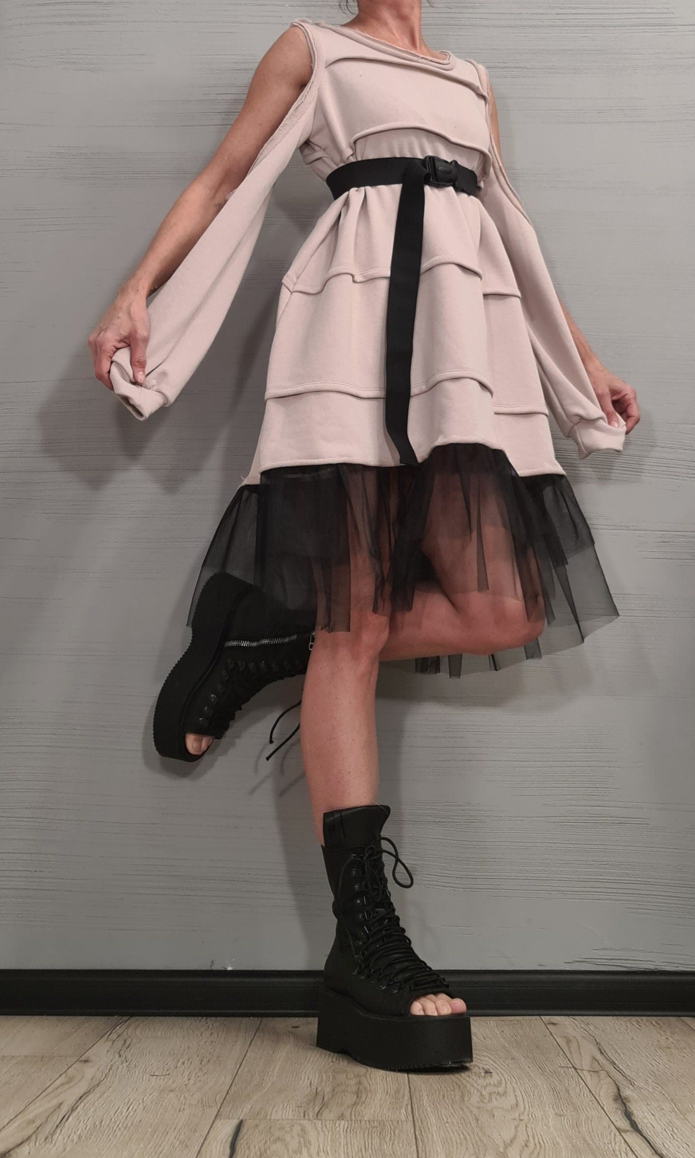 Asymmetrical Tulle Dress Tunic, Black Avant Garde Loose Dress, Deconstructed Oversize Dress, With and without sleeve