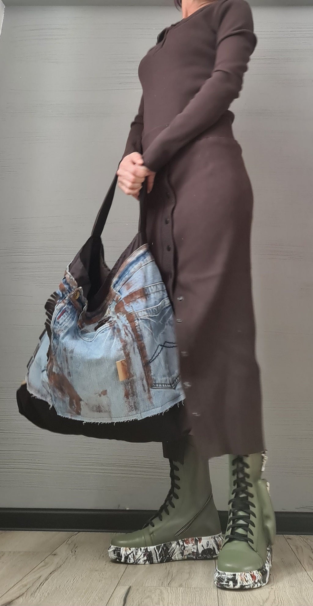 Designer Denim Bag, Large Bag, Extravagant  Denim Bag, Brown and blue denim Bag, Handmade Bag, Asymmetrical bag