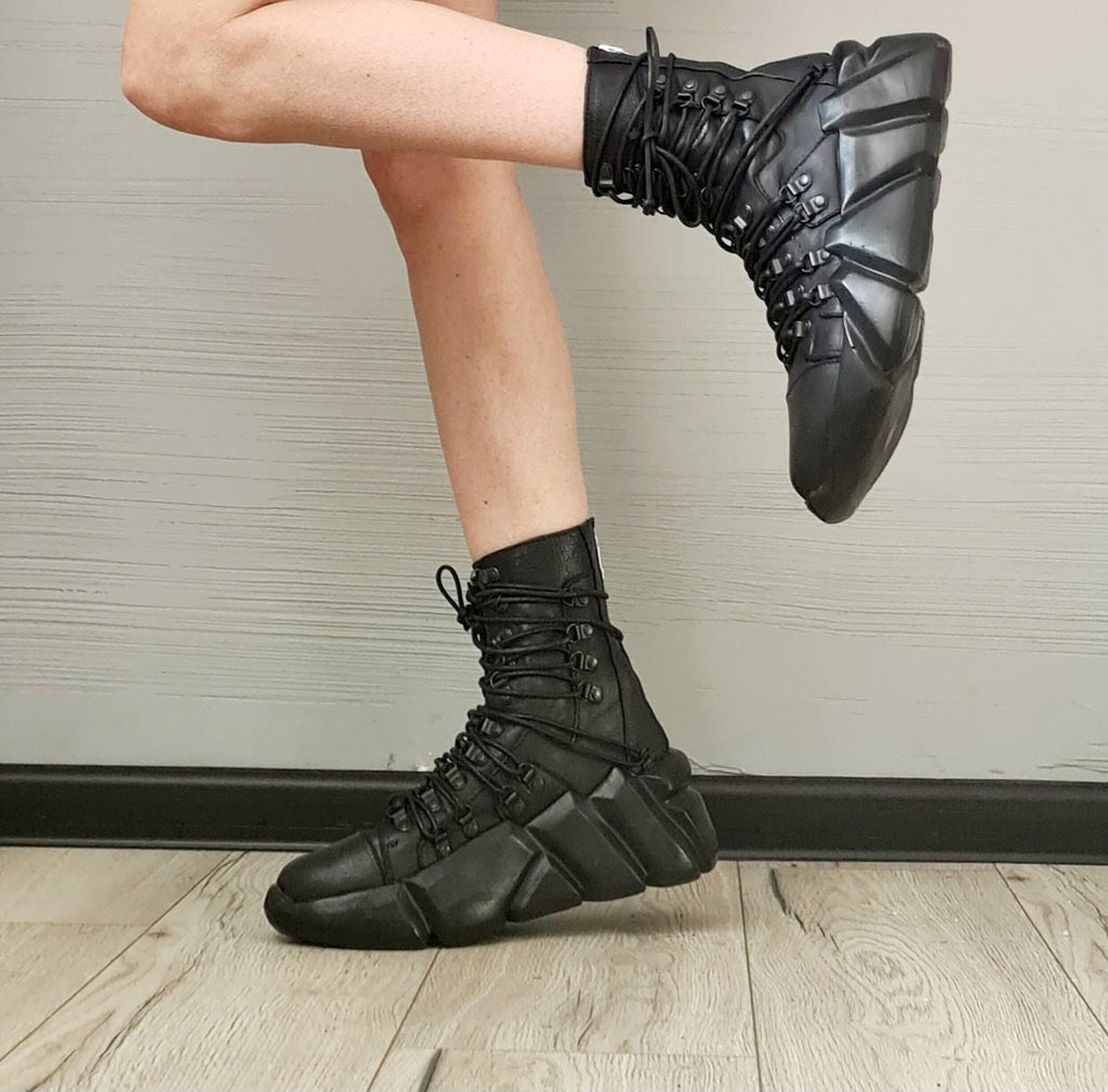 Black Extravagant Shoes, Genuine Leather Sneakers, All Seasons Shoes, Ankle Sneakers, Ties at the front, zip at the back