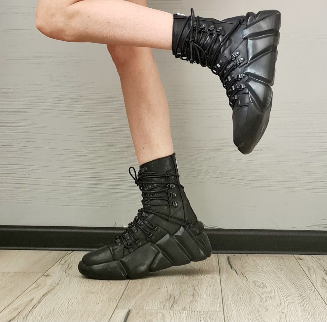 Black Extravagant Shoes, Genuine Leather Sneakers, All Seasons Shoes, Ankle Sneakers, Ties at the front, zip at the back