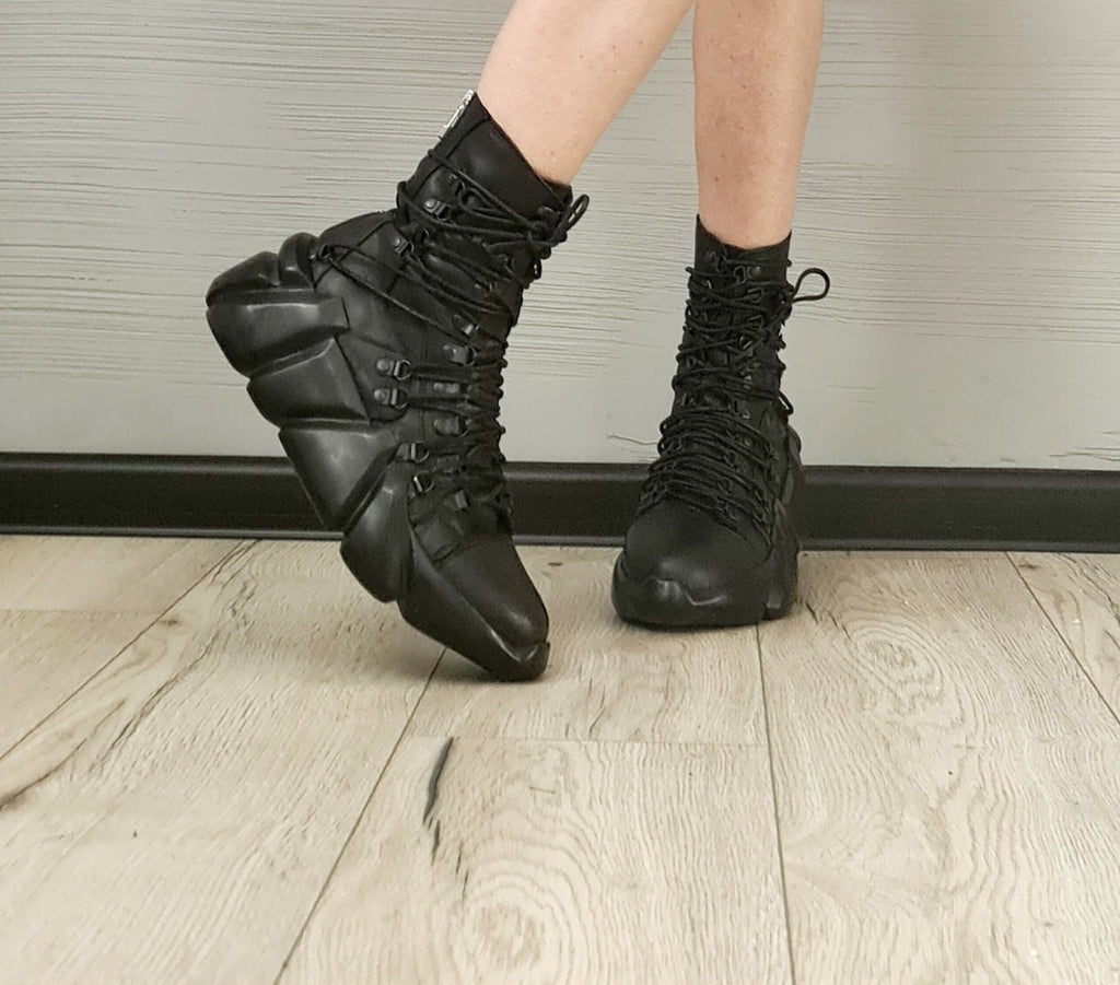 Black Extravagant Shoes, Genuine Leather Sneakers, All Seasons Shoes, Ankle Sneakers, Ties at the front, zip at the back