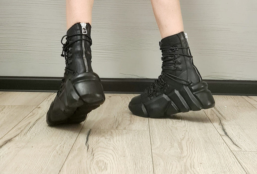 Black Extravagant Shoes, Genuine Leather Sneakers, All Seasons Shoes, Ankle Sneakers, Ties at the front, zip at the back