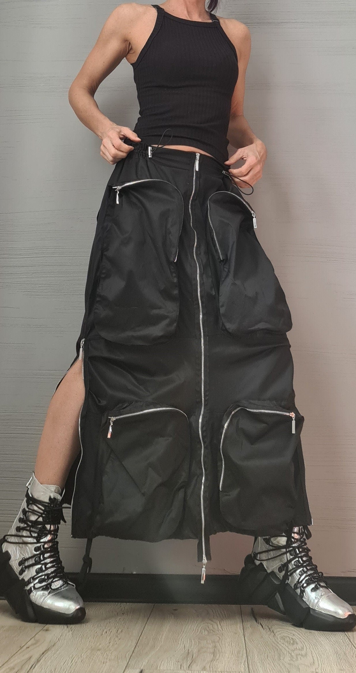 New collection Extravagant Long Skirt, Cotton Skirt, Deconstructed Avant Garde Skirt Outside Pockets, Sexy Skirt