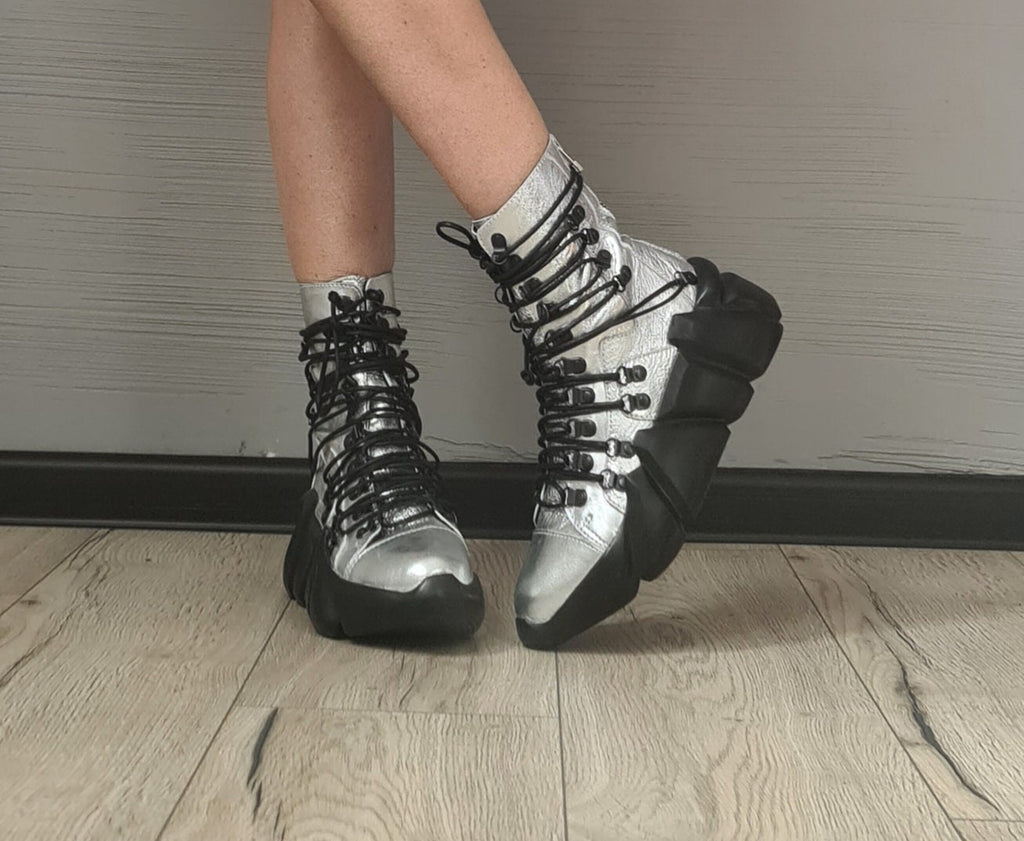 Silver Extravagant Shoes, Genuine Leather Sneakers, All Seasons Shoes, Ankle Sneakers, Ties at the front, zip at the back