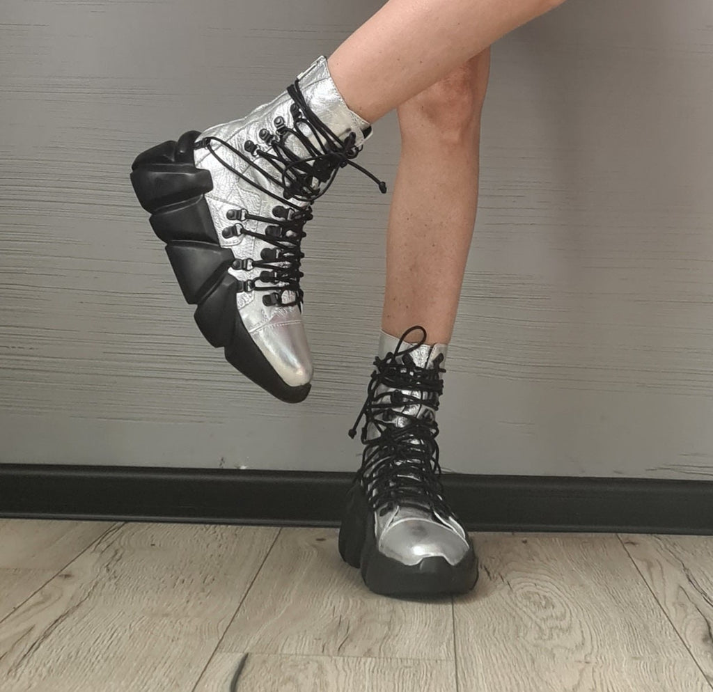 Silver Extravagant Shoes, Genuine Leather Sneakers, All Seasons Shoes, Ankle Sneakers, Ties at the front, zip at the back