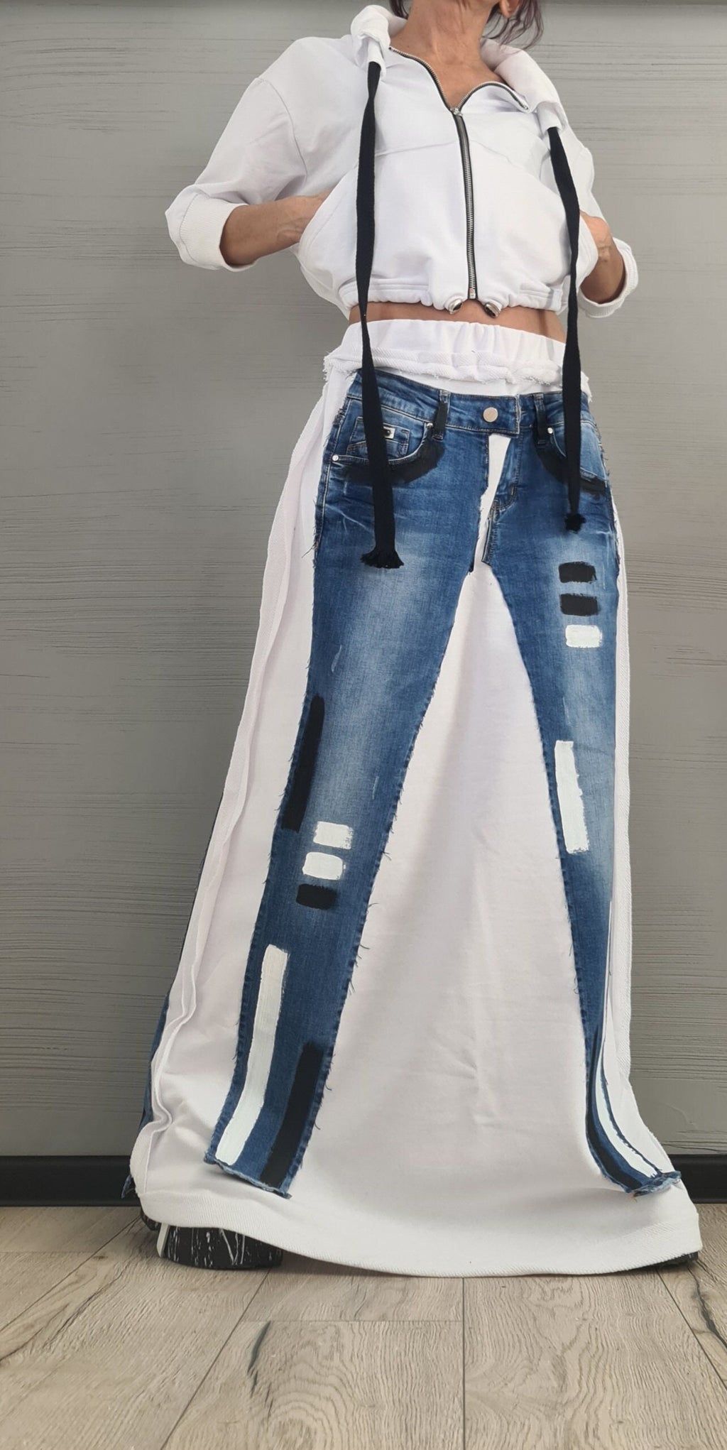 New collection Extravagant White Long Skirt, Sweatshirt, Cotton Denim Skirt, Deconstructed Avant Garde Skirt Outside Seam