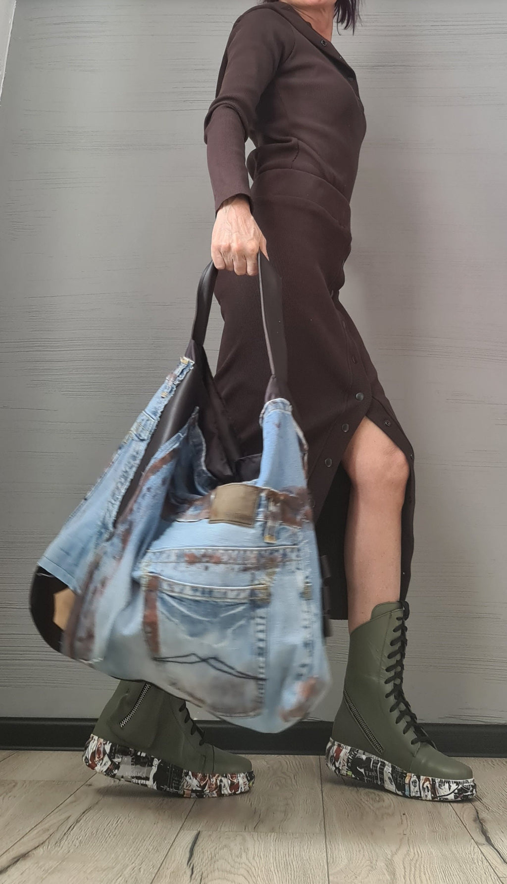 Designer Denim Bag, Large Bag, Extravagant  Denim Bag, Brown and blue denim Bag, Handmade Bag, Asymmetrical bag