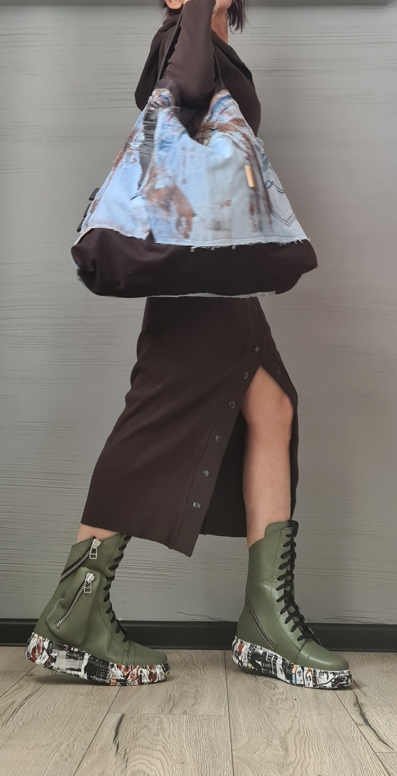 Designer Denim Bag, Large Bag, Extravagant  Denim Bag, Brown and blue denim Bag, Handmade Bag, Asymmetrical bag