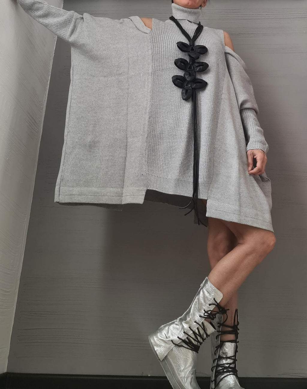 Extravagant Knitted  Loose Dress Tunic, Asymmetric Dress, Long DressTunic , Sexy Dress, Long Sleeve, New collection Grey