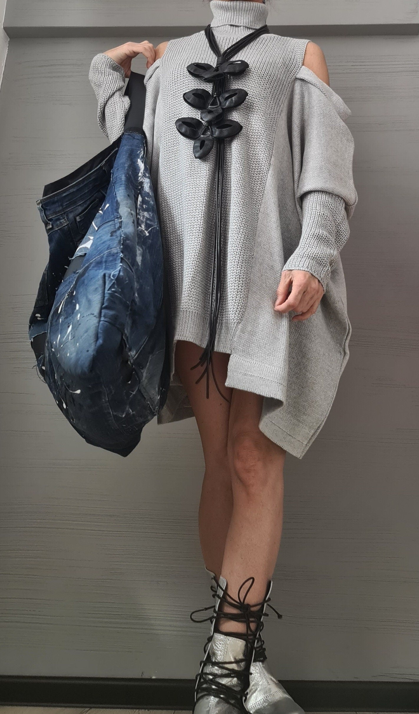 Extravagant Knitted  Loose Dress Tunic, Asymmetric Dress, Long DressTunic , Sexy Dress, Long Sleeve, New collection Grey
