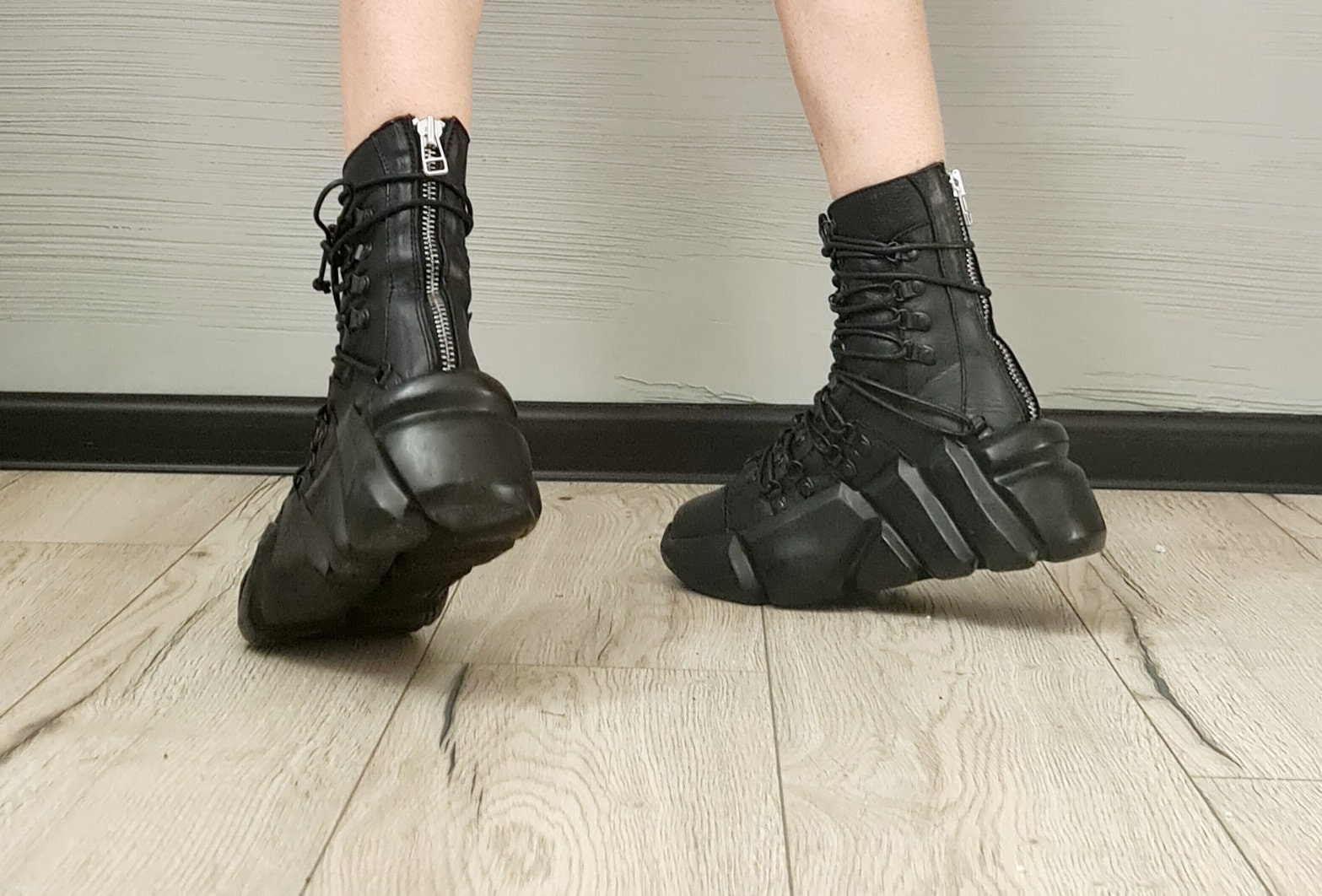 Black Extravagant Shoes, Genuine Leather Sneakers, All Seasons Shoes, Ankle Sneakers, Ties at the front, zip at the back