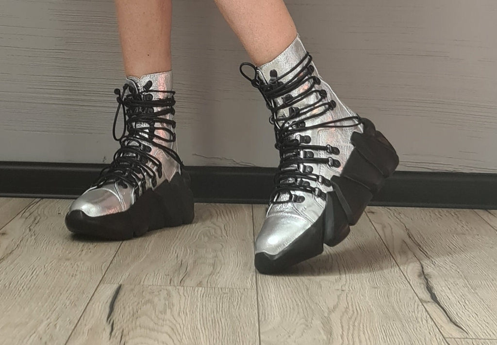 Silver Extravagant Shoes, Genuine Leather Sneakers, All Seasons Shoes, Ankle Sneakers, Ties at the front, zip at the back