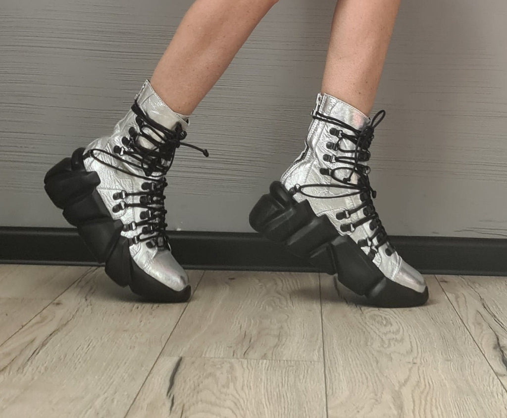 Silver Extravagant Shoes, Genuine Leather Sneakers, All Seasons Shoes, Ankle Sneakers, Ties at the front, zip at the back