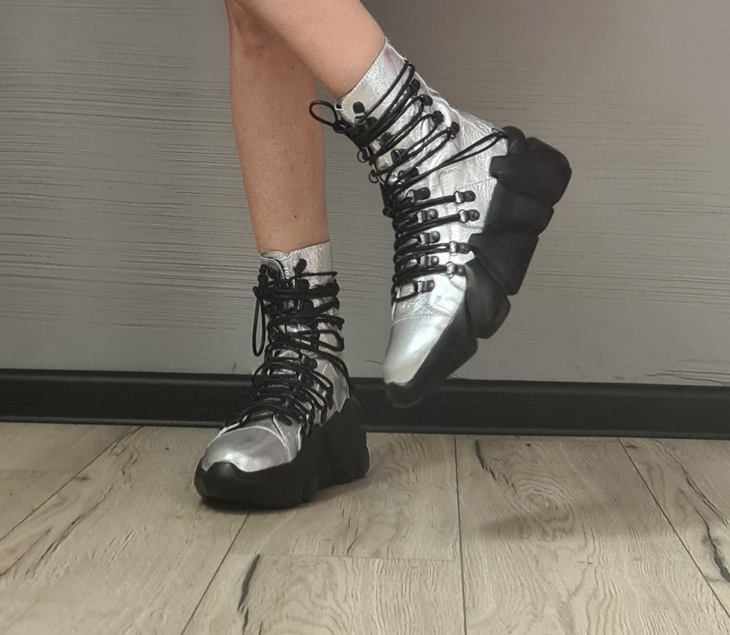 Silver Extravagant Shoes, Genuine Leather Sneakers, All Seasons Shoes, Ankle Sneakers, Ties at the front, zip at the back