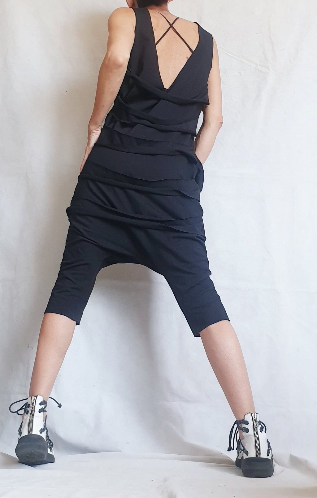 Black Harem Jumpsuit,Extravagant Loose Jumpsuit, Drop Crotch Jumpsuit, Short Women Overall, Open Back Jumpsuit, Gothic Jumpsuit