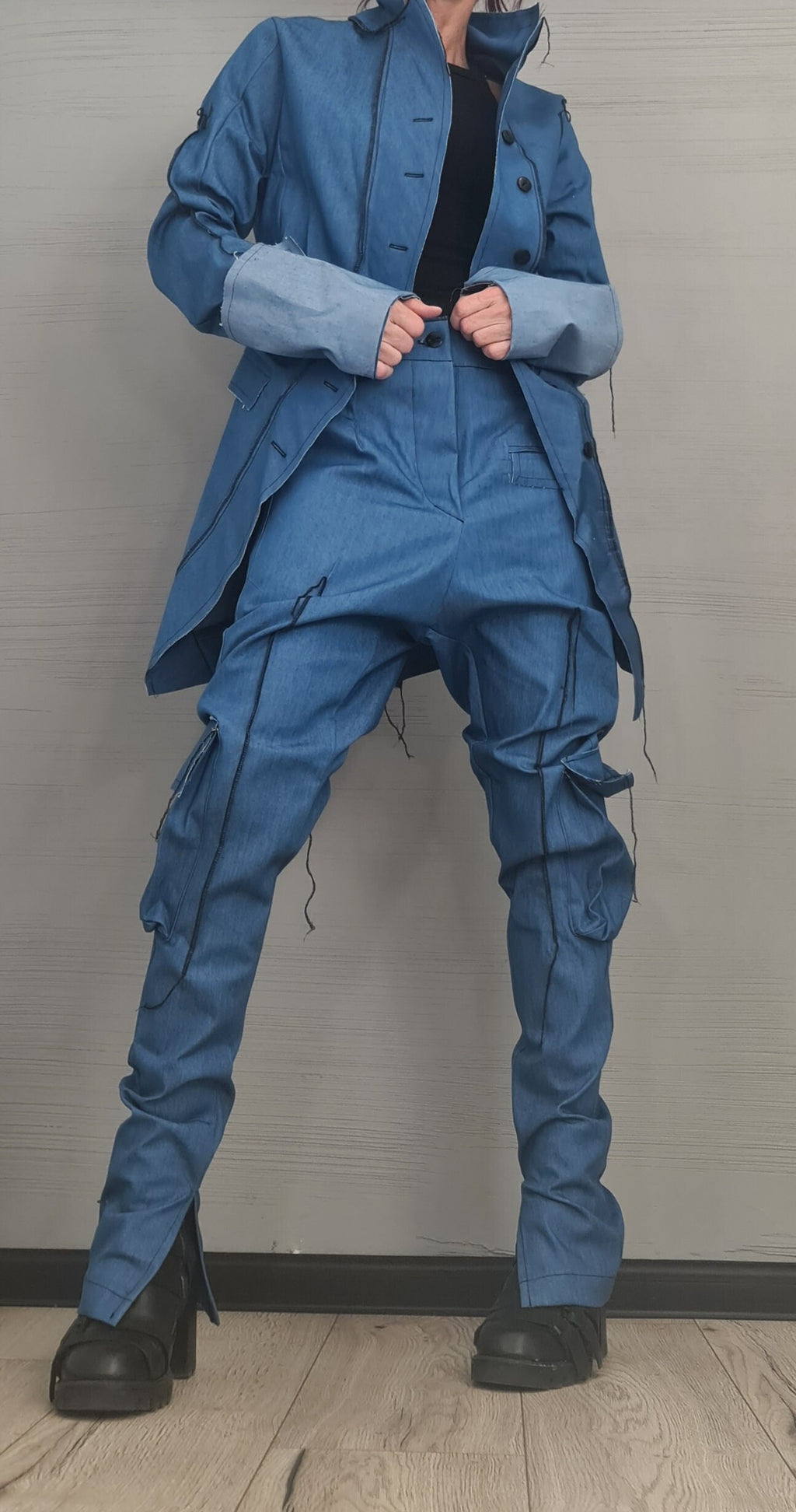 Extravagant Denim Women Costume, Asymmetric Avant Garde Blazer, Women Cargo Pants, Deconstructed Futuristic Clothing DRESSSHOESCODE