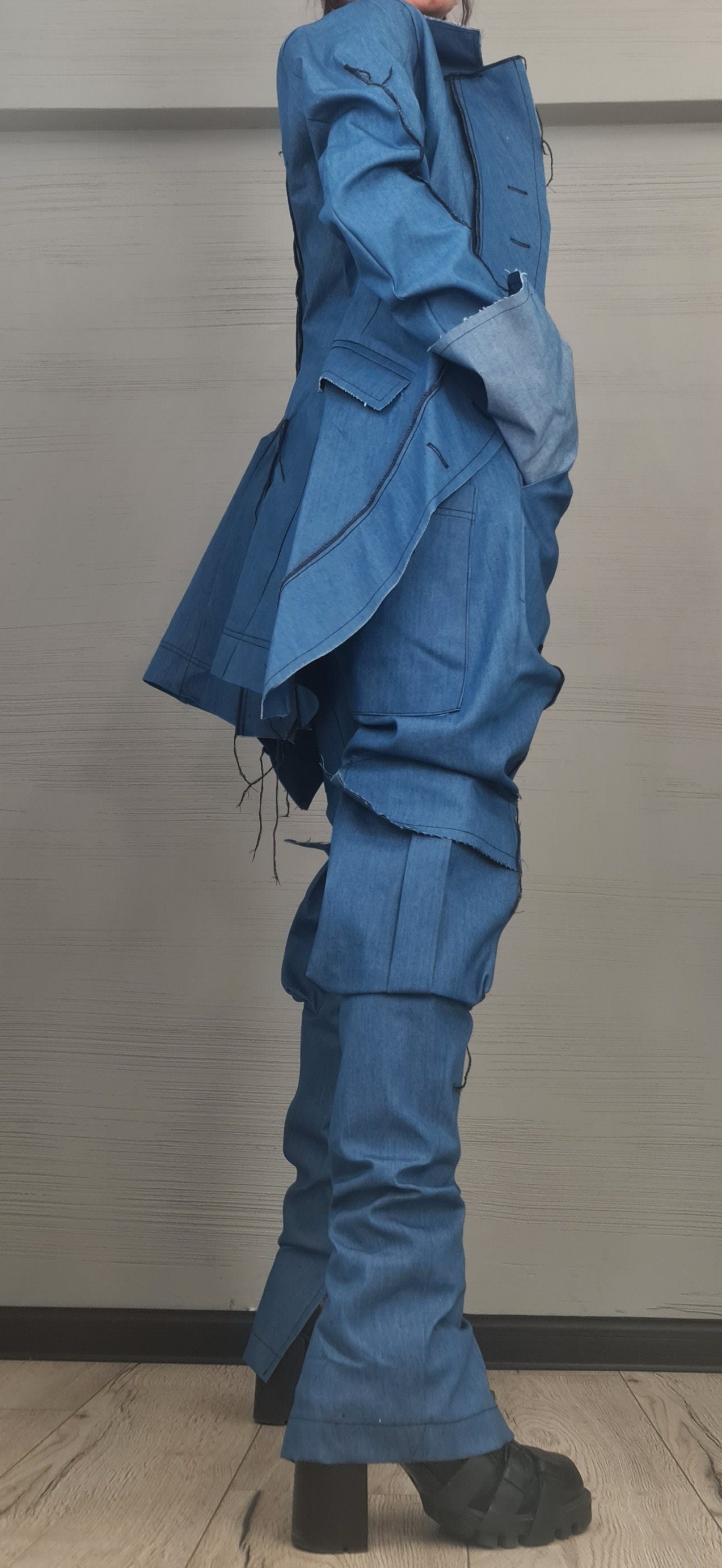 New collection Extravagant Denim Women Jacket, Asymmetric Avant Garde Blazer, Deconstructed Futuristic Clothing