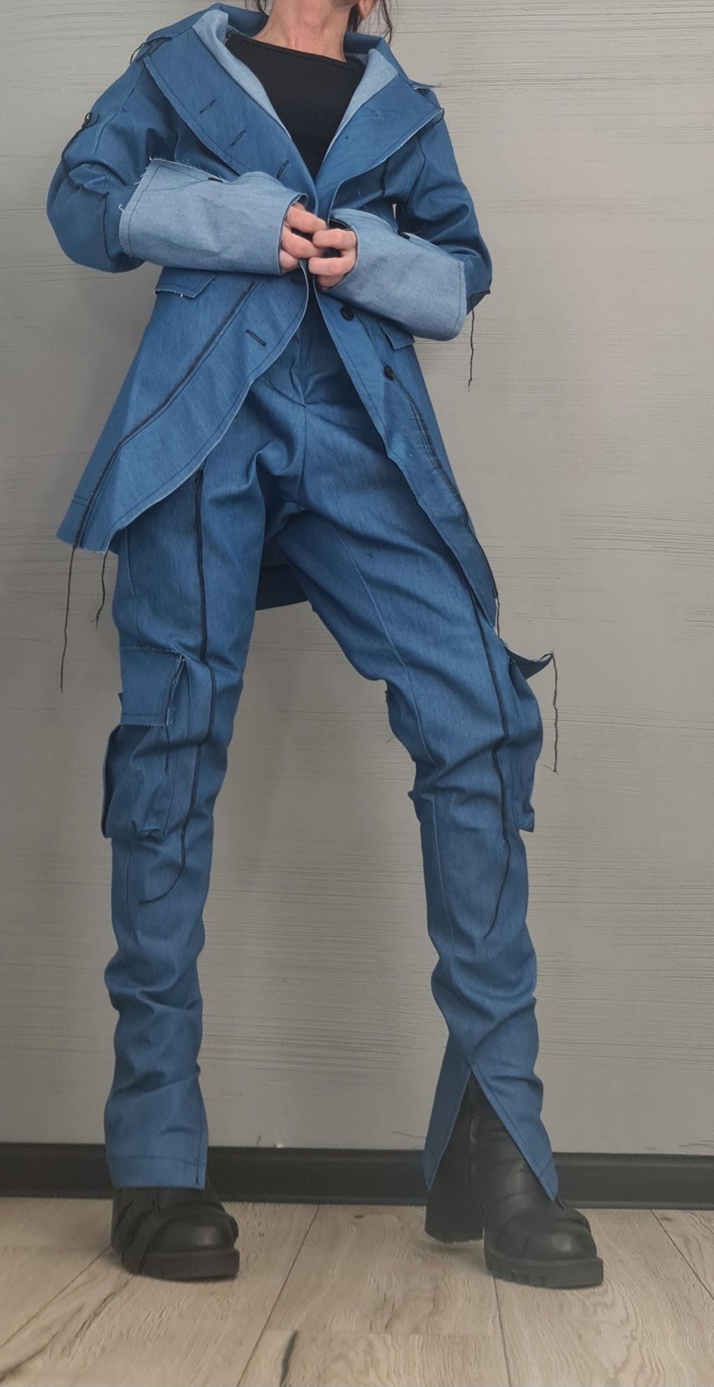 Extravagant Denim Women Costume, Asymmetric Avant Garde Blazer, Women Cargo Pants, Deconstructed Futuristic Clothing DRESSSHOESCODE