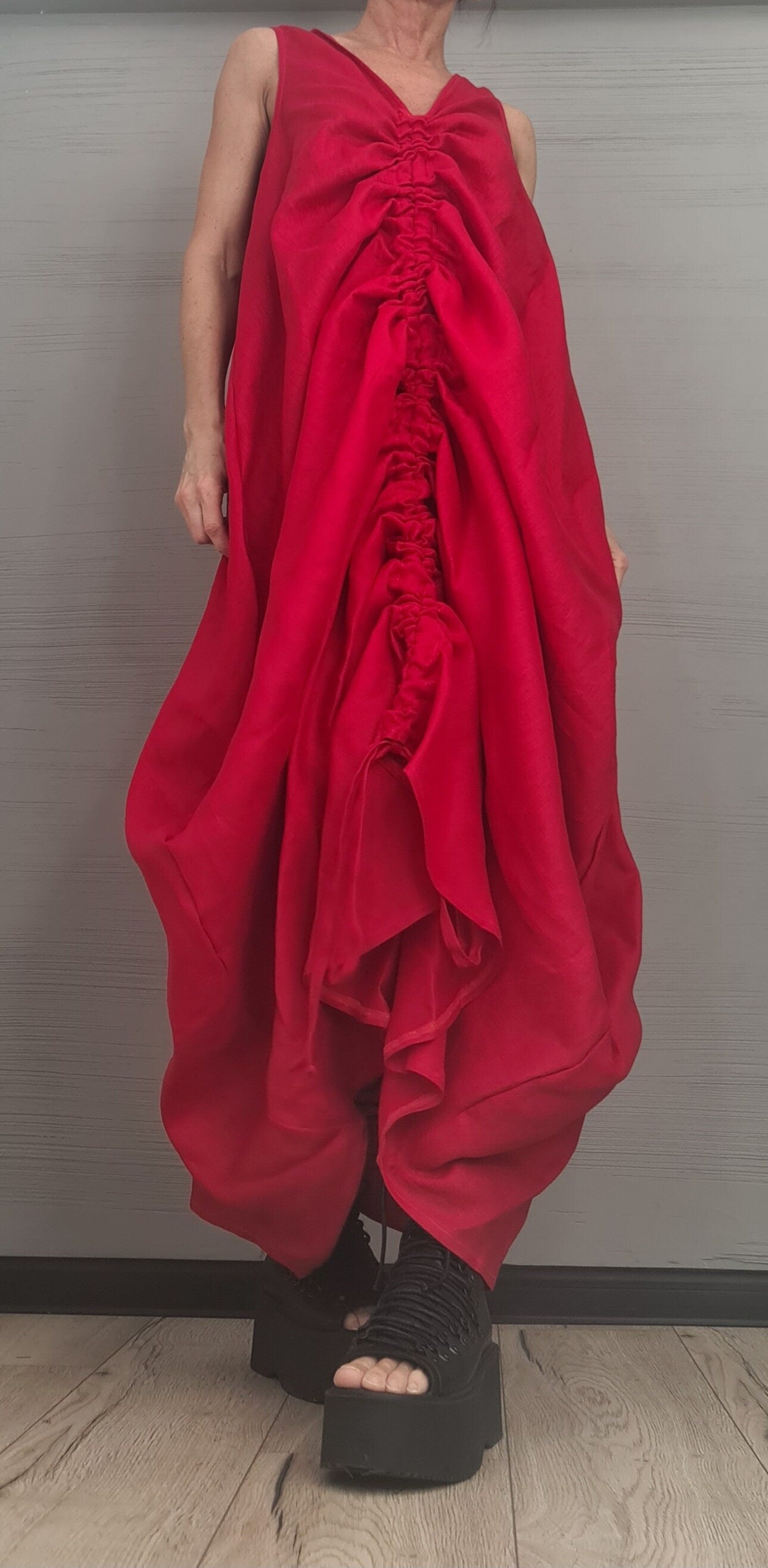 Linen Asymmetric Dress with Corset, Extravagant Oversize  Long Dress, Open Back Dress, Sexy Long Dress, Sleeveless Dress, Summer Dress