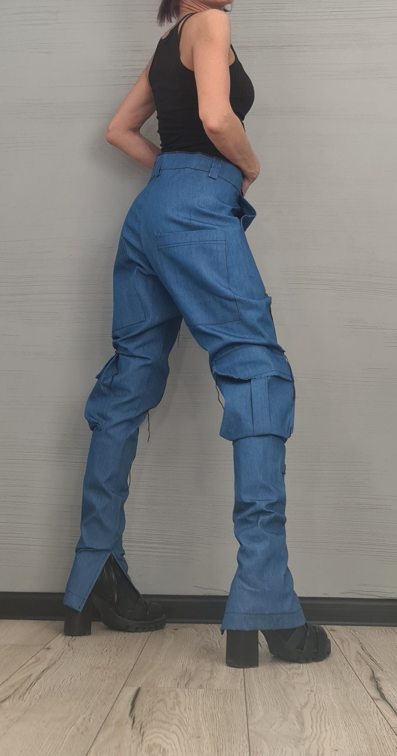 Extravagant Cargo Denim Pants, Fitted Sexy Casual Pants, Outer pockets, New collection