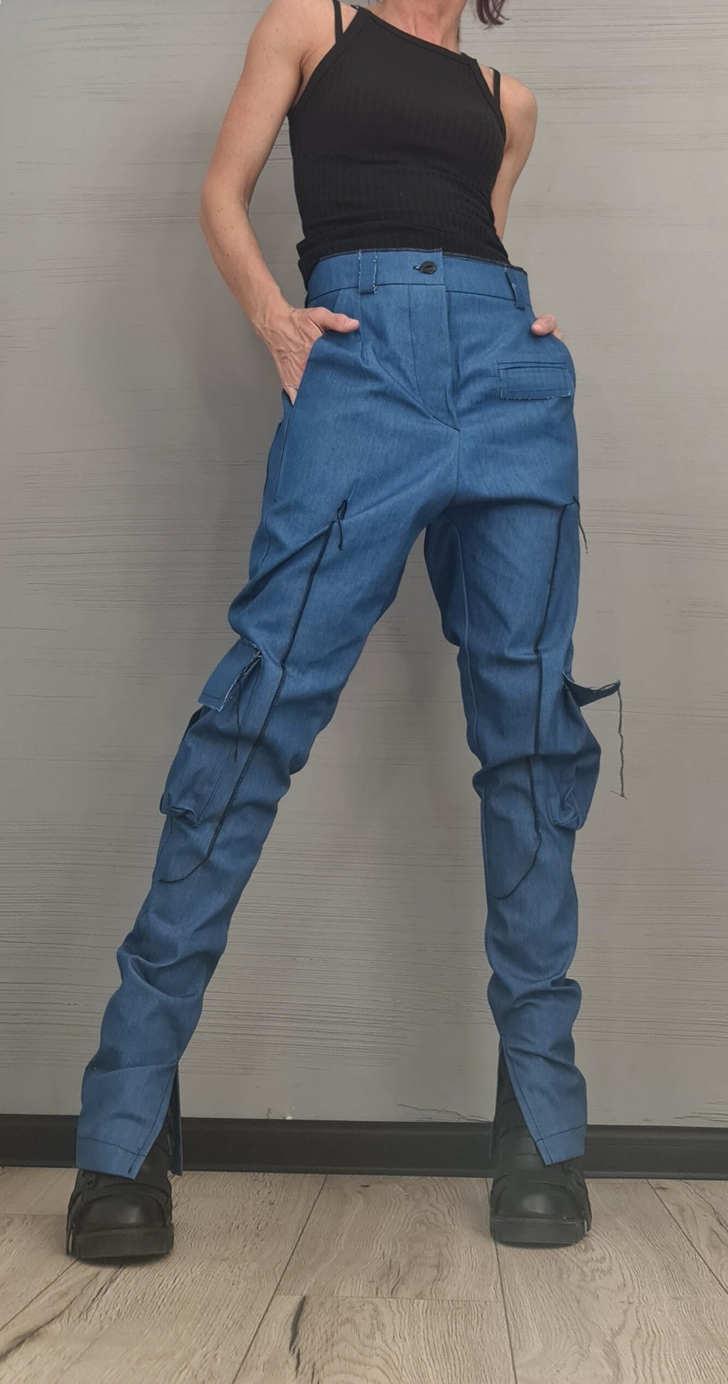 Extravagant Cargo Denim Pants, Fitted Sexy Casual Pants, Outer pockets, New collection