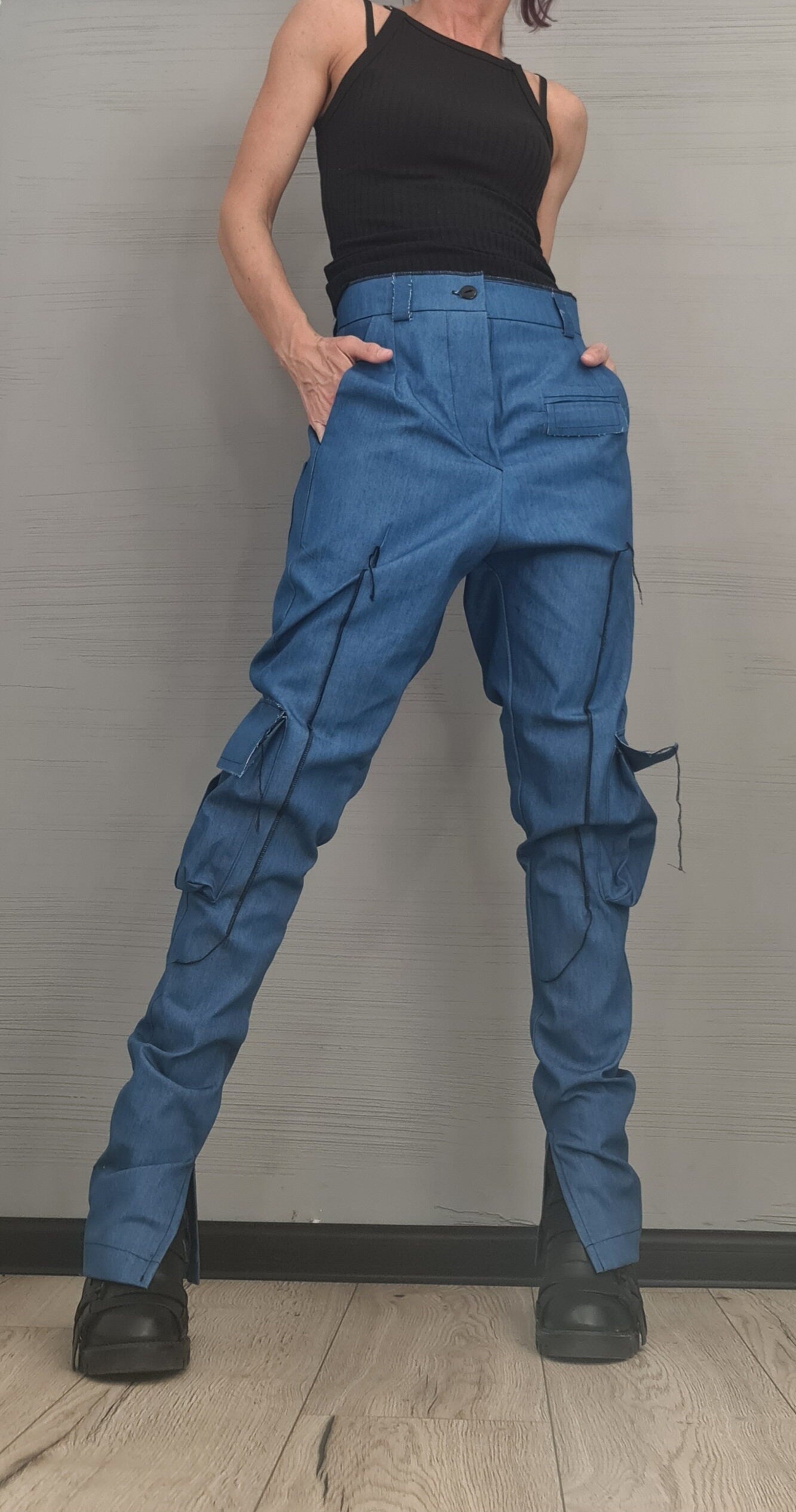 Extravagant Cargo Denim Pants, Fitted Sexy Casual Pants, Outer pockets, New collection