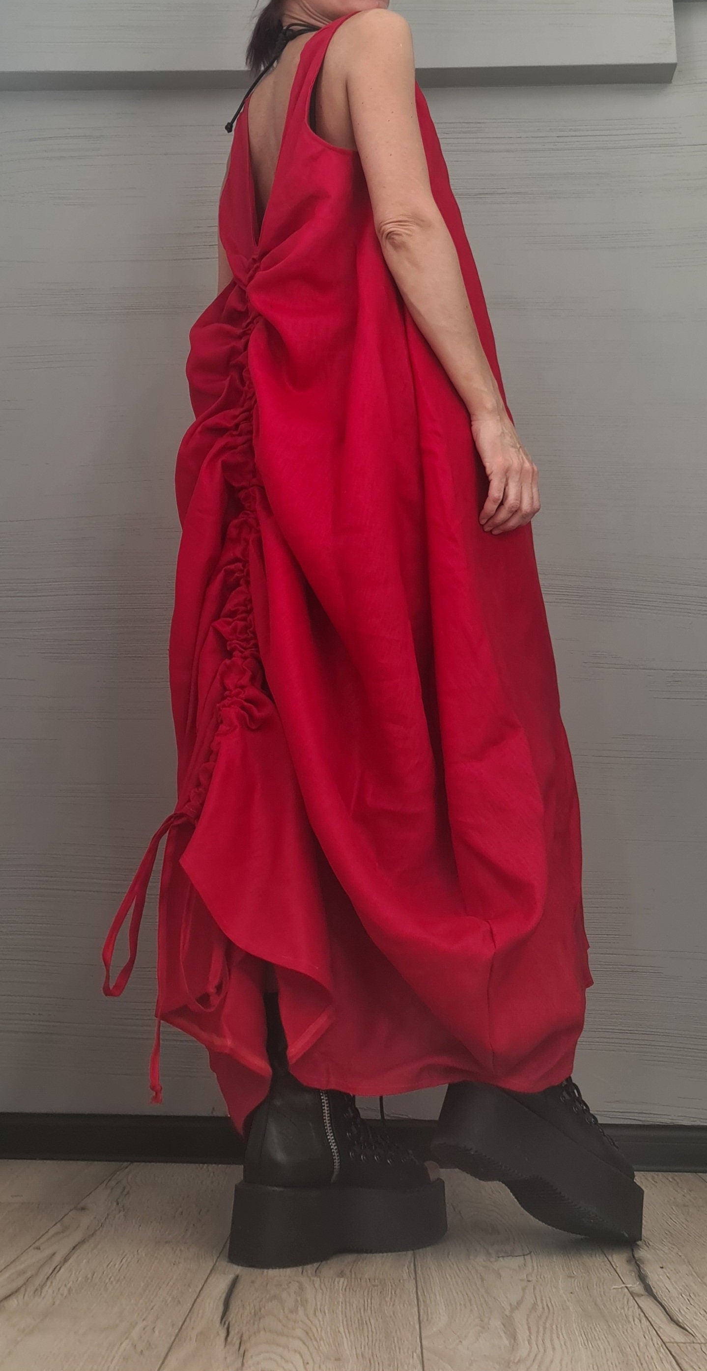 Linen Asymmetric Dress with Corset, Extravagant Oversize  Long Dress, Open Back Dress, Sexy Long Dress, Sleeveless Dress, Summer Dress