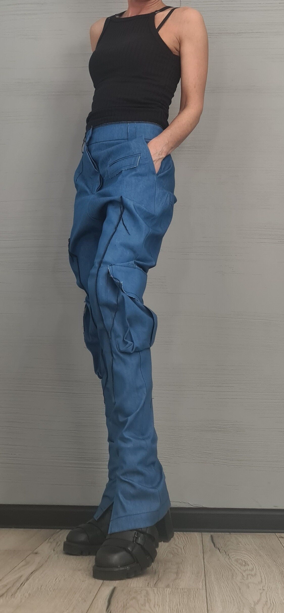 Extravagant Cargo Denim Pants, Fitted Sexy Casual Pants, Outer pockets, New collection