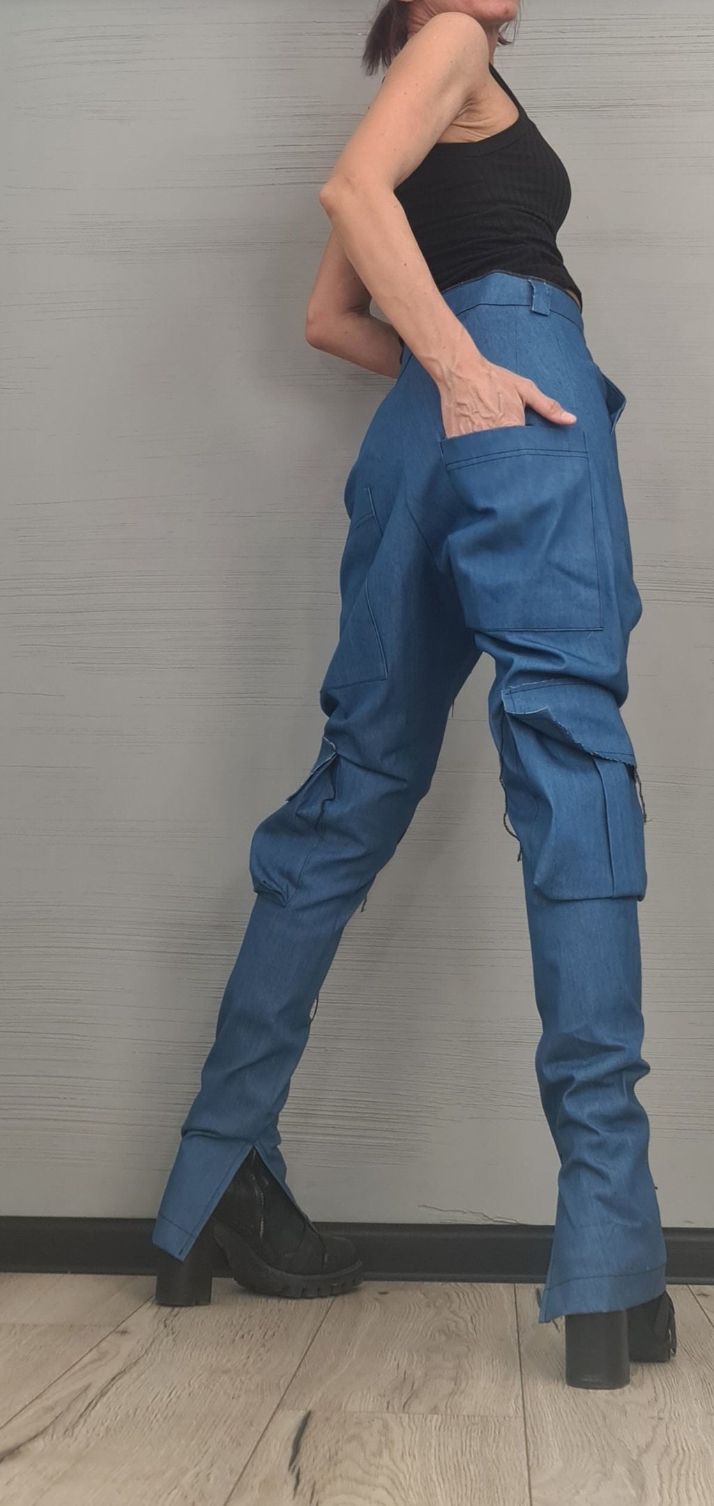 Extravagant Cargo Denim Pants, Fitted Sexy Casual Pants, Outer pockets, New collection