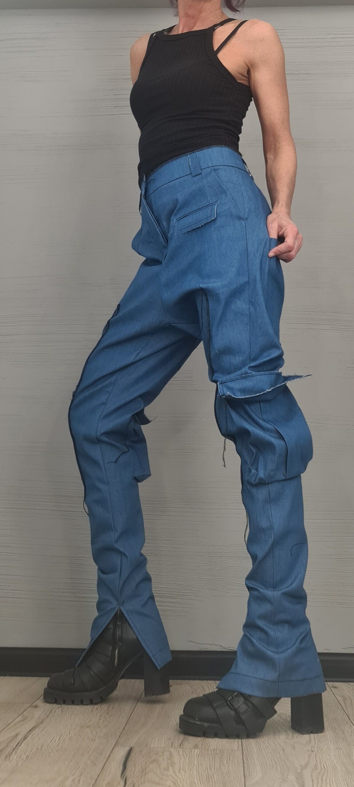 Extravagant Cargo Denim Pants, Fitted Sexy Casual Pants, Outer pockets, New collection