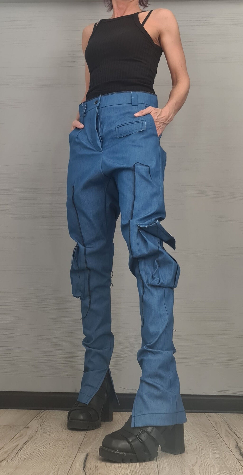 Extravagant Cargo Denim Pants, Fitted Sexy Casual Pants, Outer pockets, New collection
