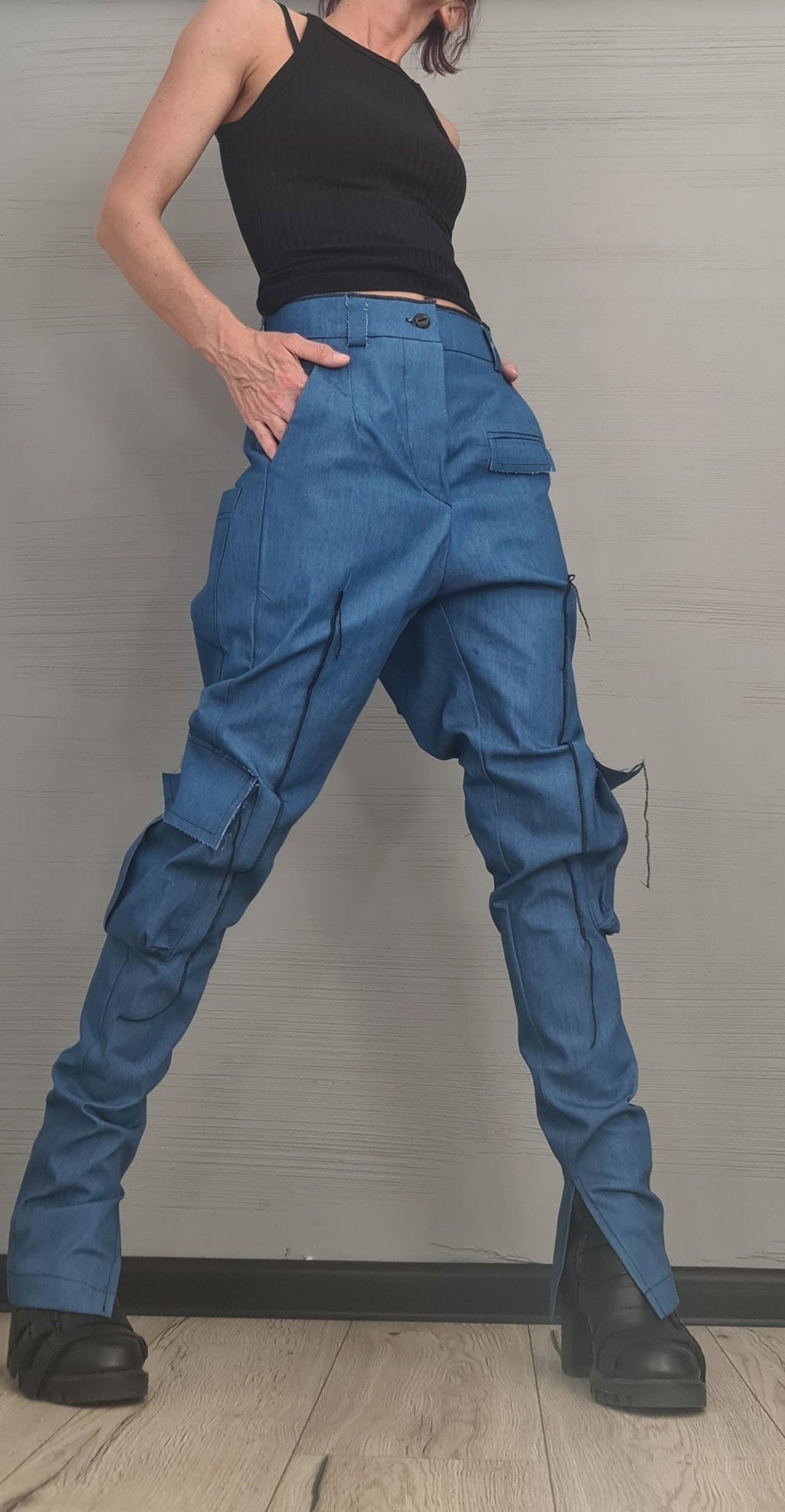 Extravagant Cargo Denim Pants, Fitted Sexy Casual Pants, Outer pockets, New collection DRESSSHOESCODE