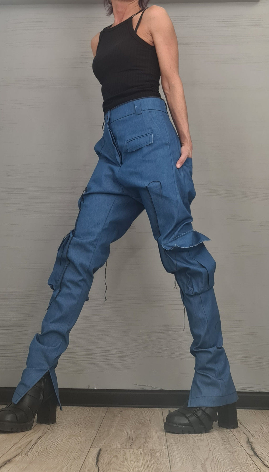 Extravagant Cargo Denim Pants, Fitted Sexy Casual Pants, Outer pockets, New collection