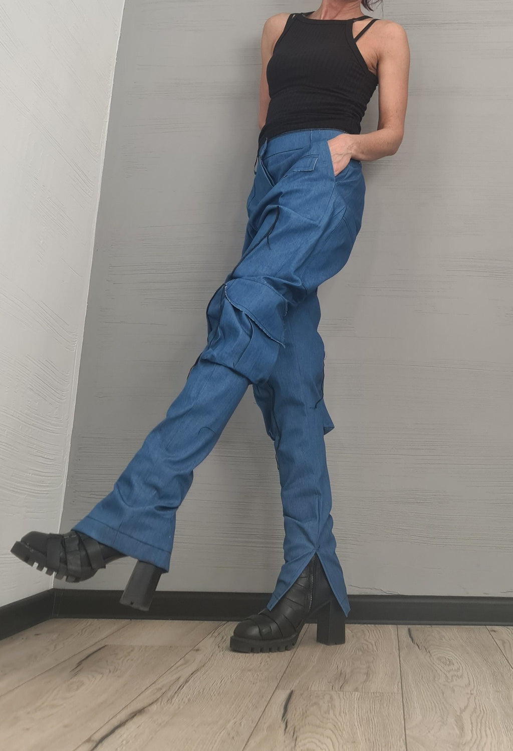 Extravagant Cargo Denim Pants, Fitted Sexy Casual Pants, Outer pockets, New collection