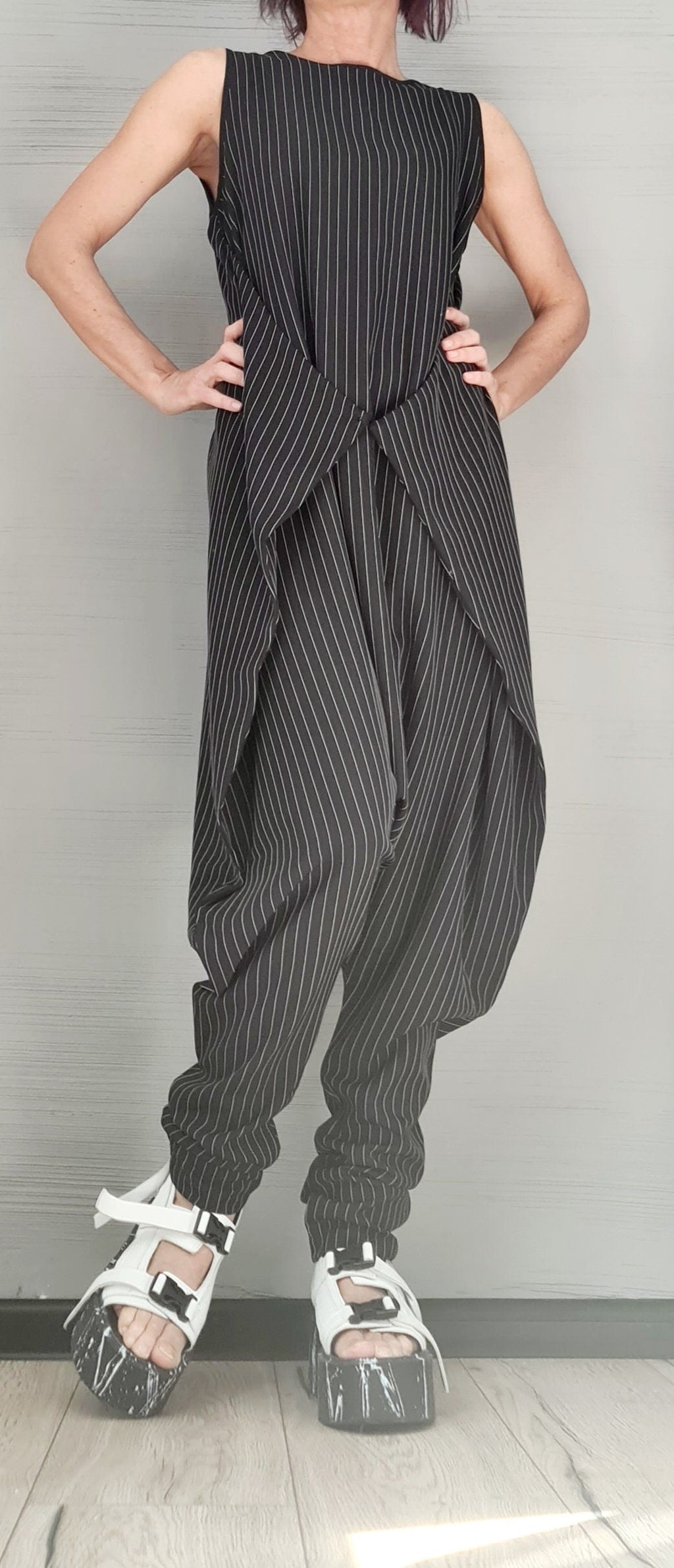 Asymmetric long Jumpsuit, Harem Jumpsuit, Black and White Stripe, Gothic Jumpsuit, Extravagant Wide Leg Overall, Sleeveless Jumpsuit