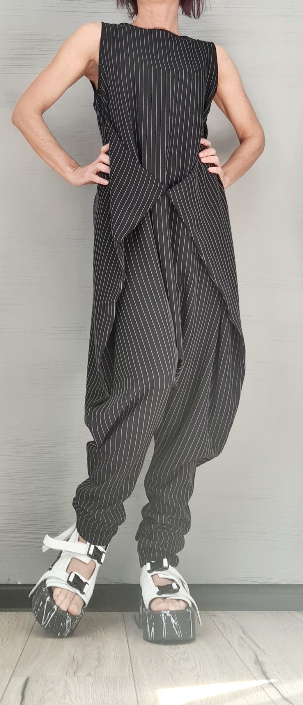 Asymmetric long Jumpsuit, Harem Jumpsuit, Black and White Stripe, Gothic Jumpsuit, Extravagant Wide Leg Overall, Sleeveless Jumpsuit