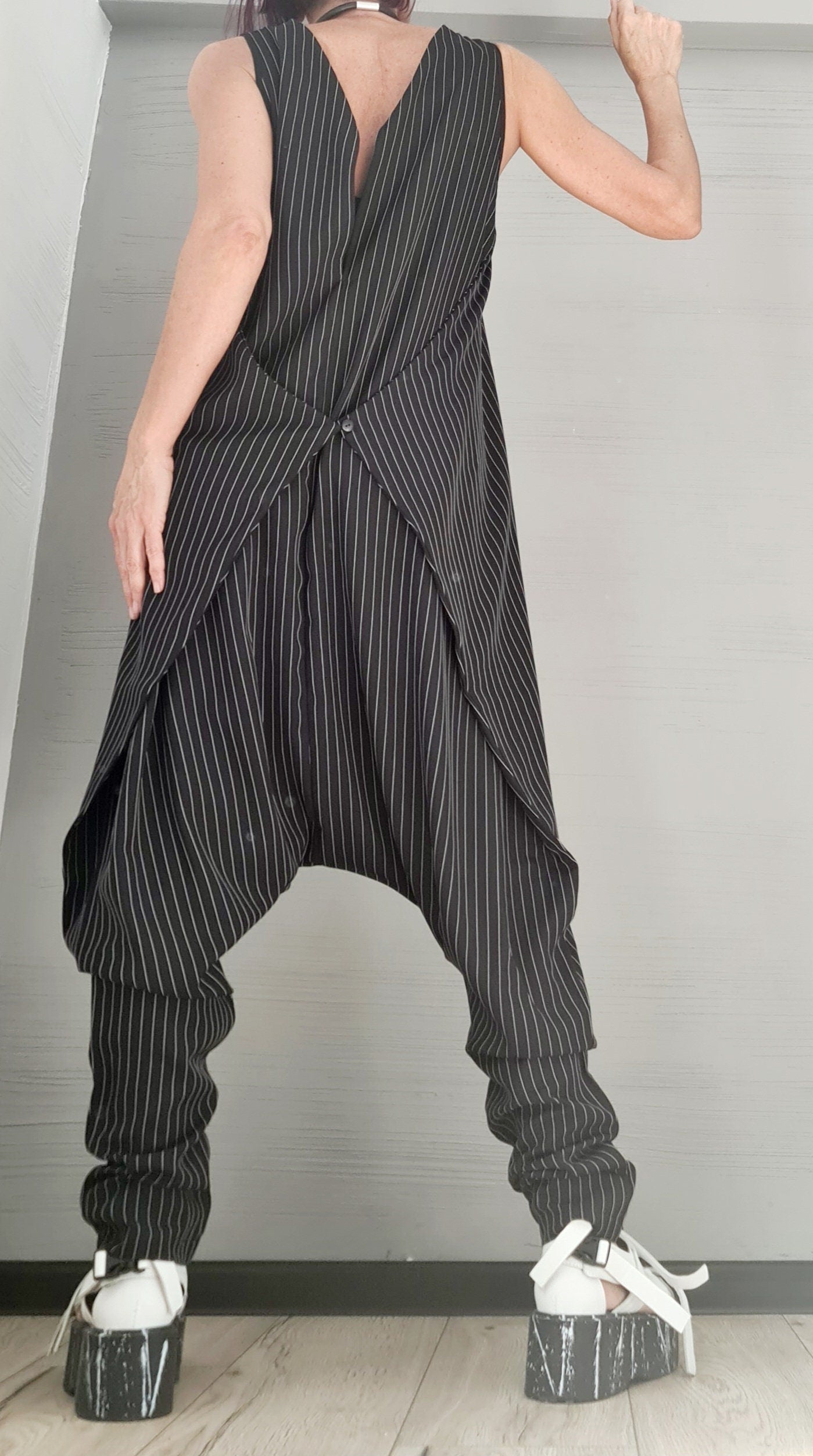 Asymmetric long Jumpsuit, Harem Jumpsuit, Black and White Stripe, Gothic Jumpsuit, Extravagant Wide Leg Overall, Sleeveless Jumpsuit