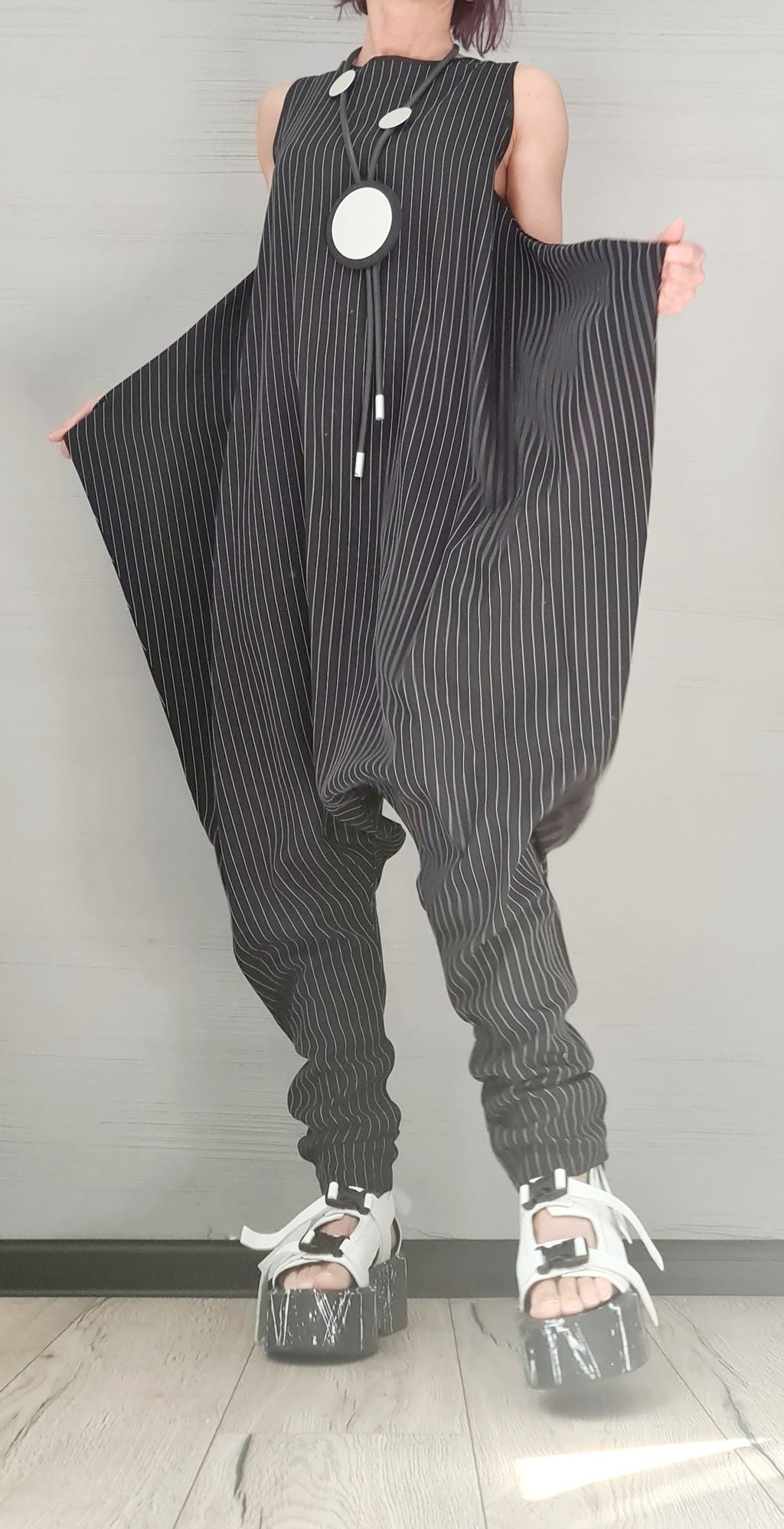 Asymmetric long Jumpsuit, Harem Jumpsuit, Black and White Stripe, Gothic Jumpsuit, Extravagant Wide Leg Overall, Sleeveless Jumpsuit