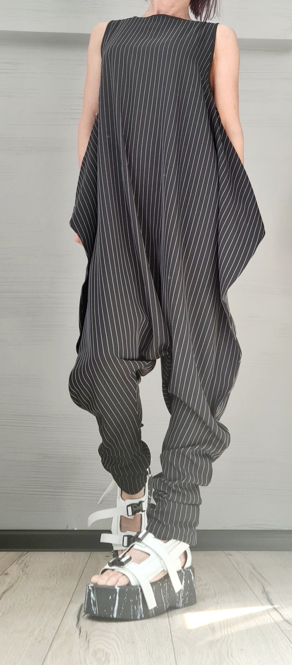 Asymmetric long Jumpsuit, Harem Jumpsuit, Black and White Stripe, Gothic Jumpsuit, Extravagant Wide Leg Overall, Sleeveless Jumpsuit