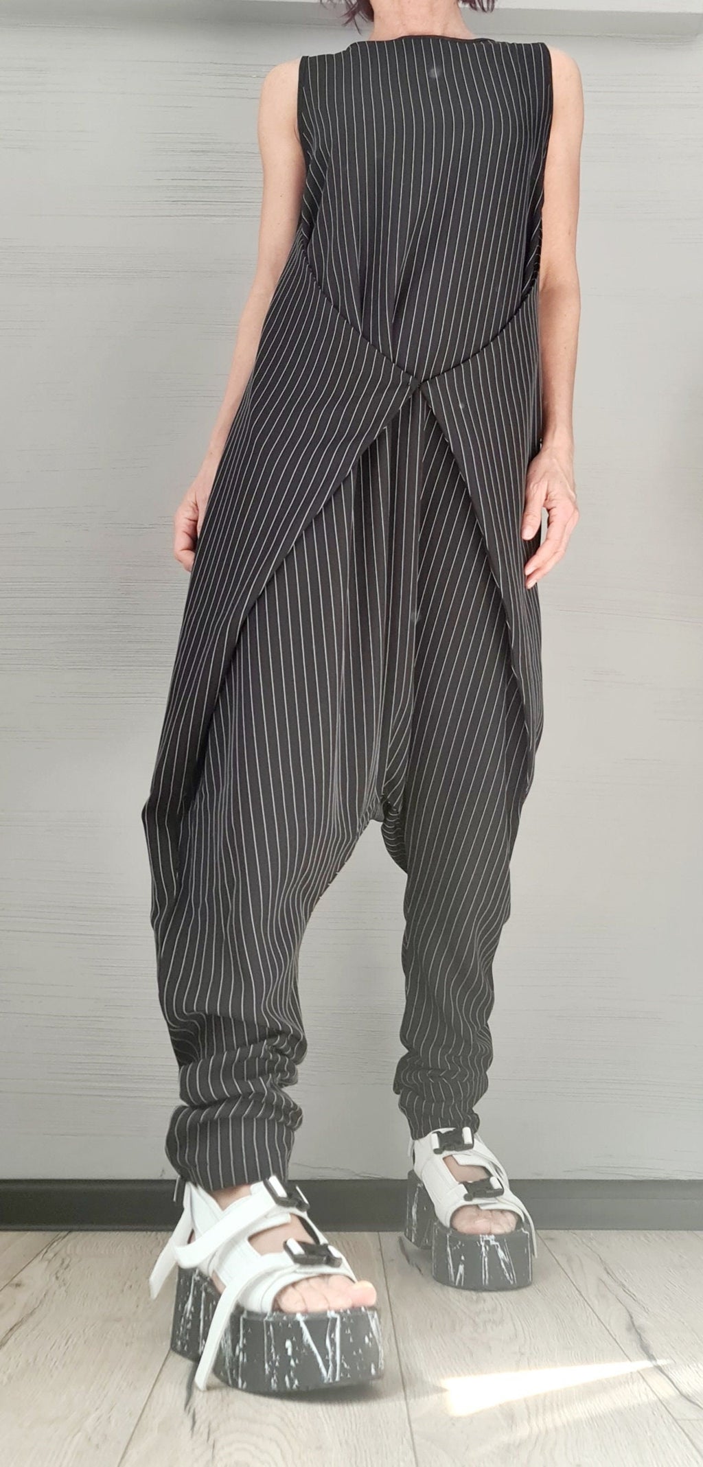 Asymmetric long Jumpsuit, Harem Jumpsuit, Black and White Stripe, Gothic Jumpsuit, Extravagant Wide Leg Overall, Sleeveless Jumpsuit