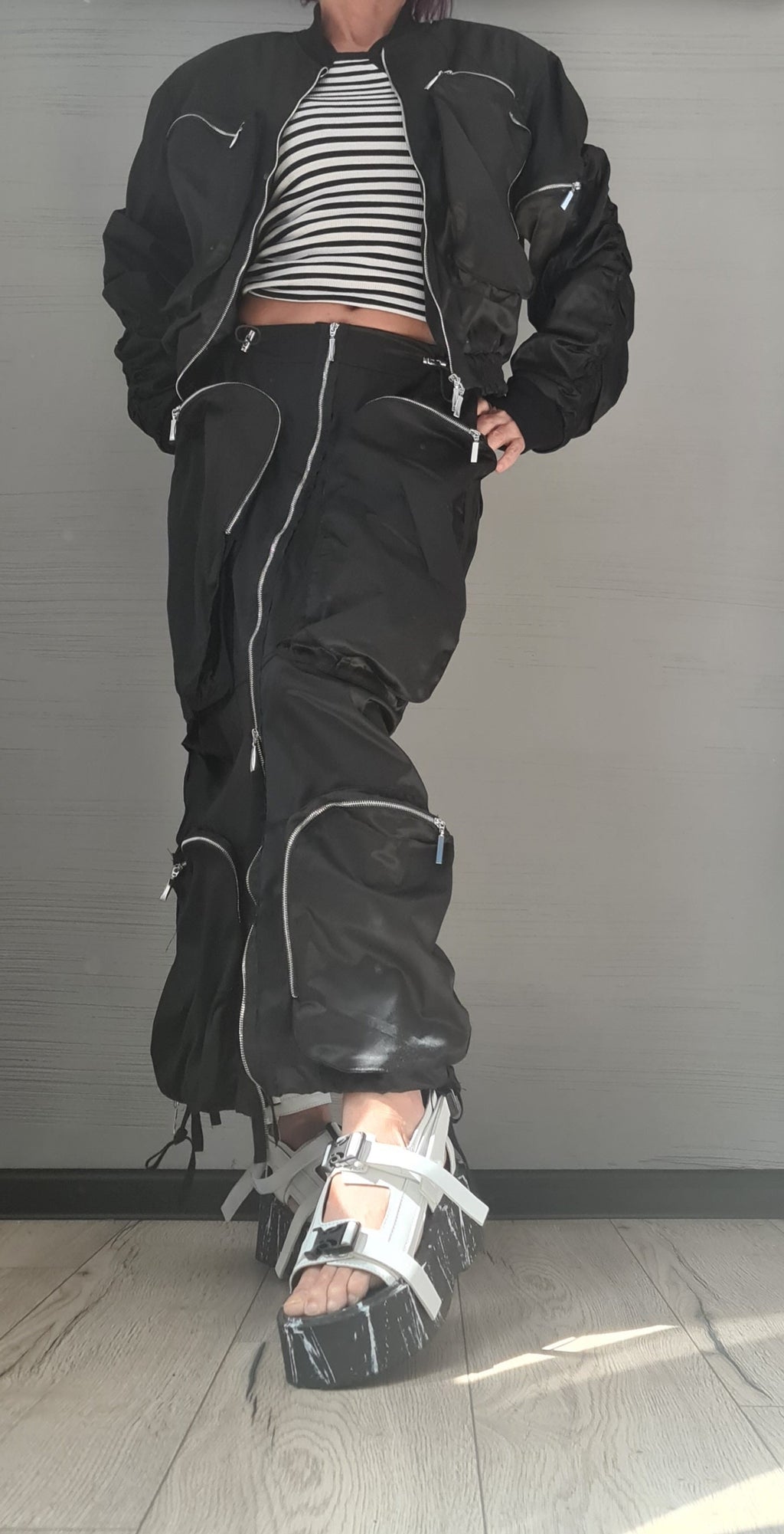 Extravagant Women Costume, Deconstructed Avant Garde Skirt Outside Pockets, Sexy Skirt, Short jacket with large outer pockets