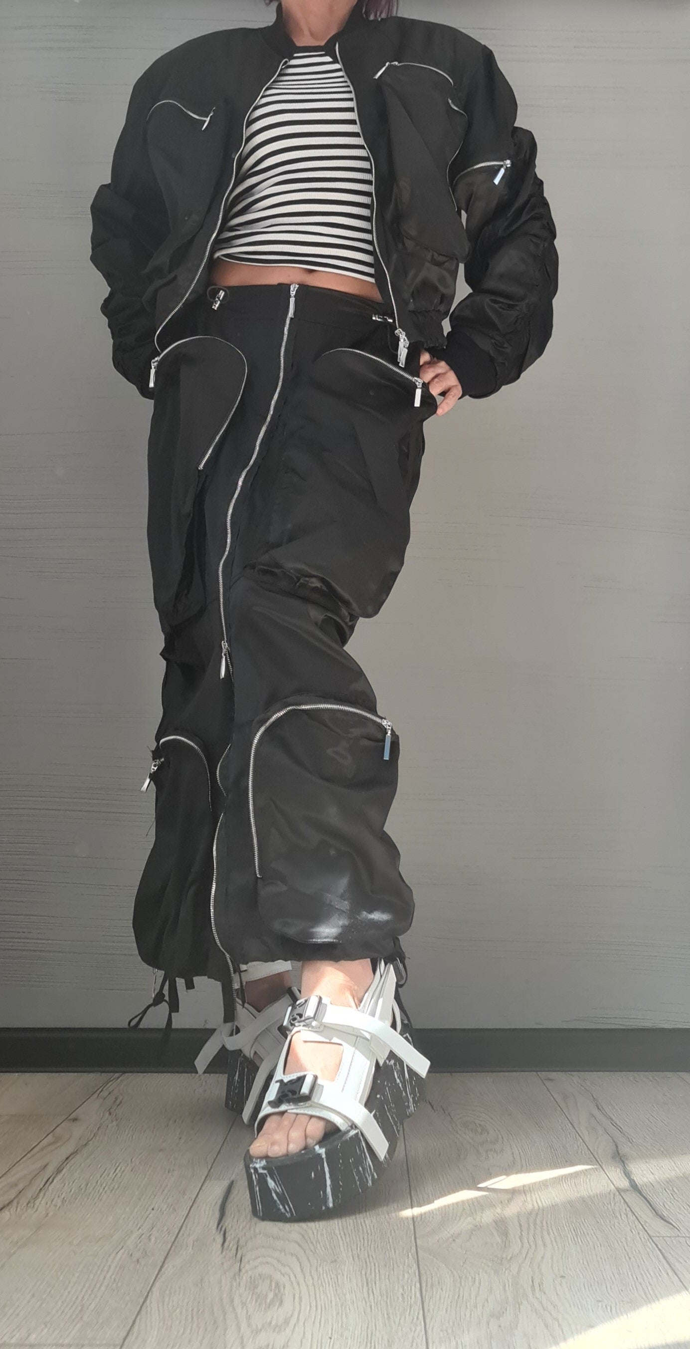 Extravagant Women Costume, Deconstructed Avant Garde Skirt Outside Pockets, Sexy Skirt, Short jacket with large outer pockets