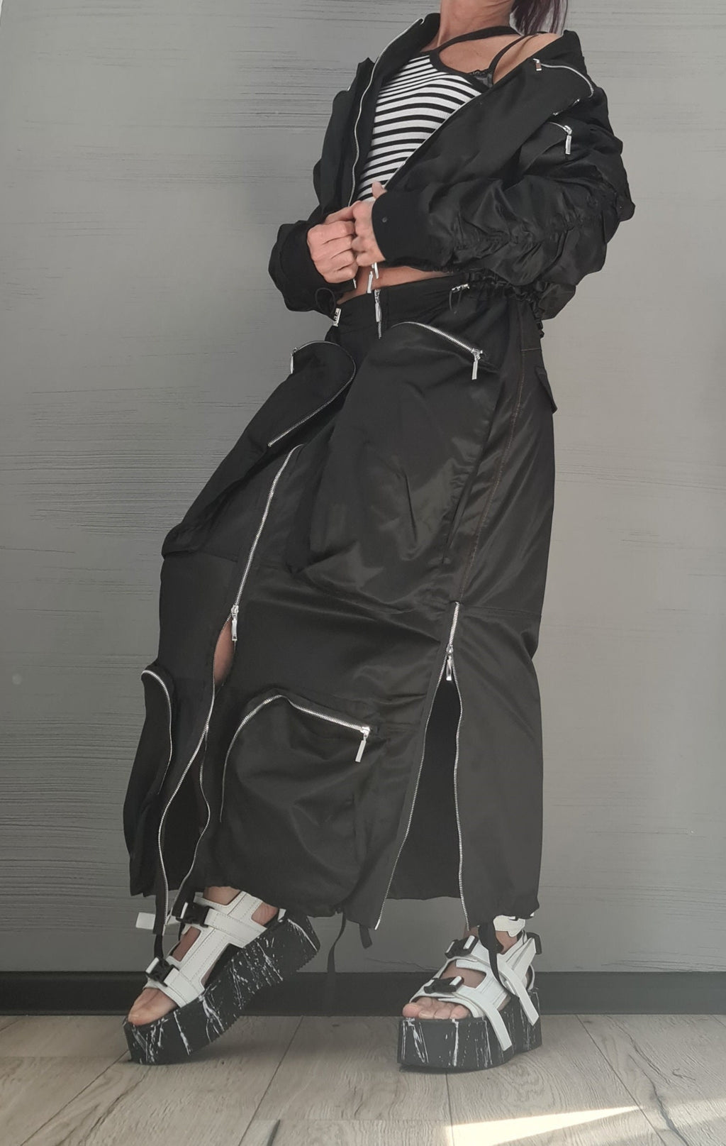 Extravagant Women Costume, Deconstructed Avant Garde Skirt Outside Pockets, Sexy Skirt, Short jacket with large outer pockets