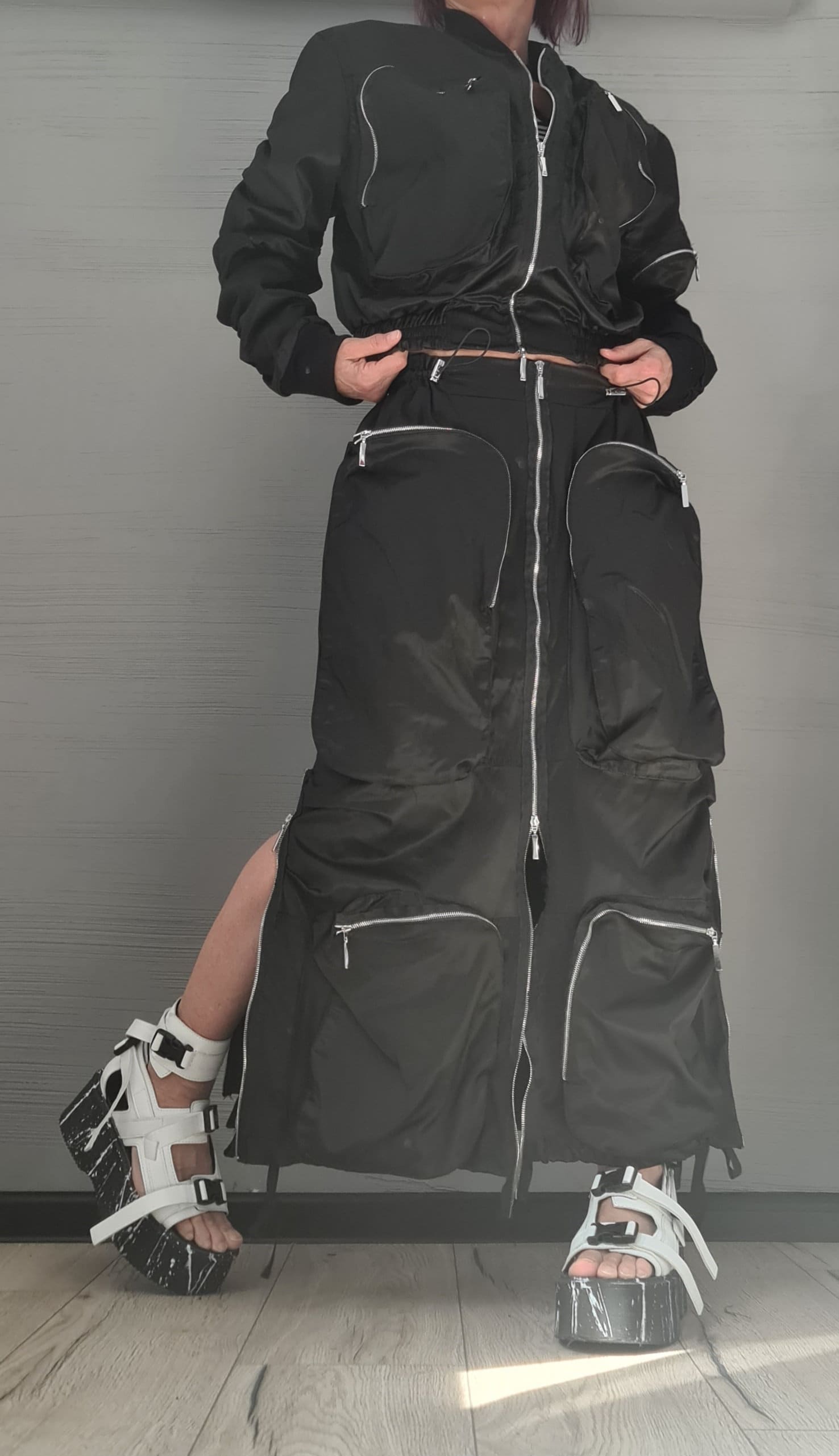 Extravagant Women White Costume, Deconstructed Avant Garde Skirt Outside Pockets, Sexy Skirt, Short jacket with large outer pockets