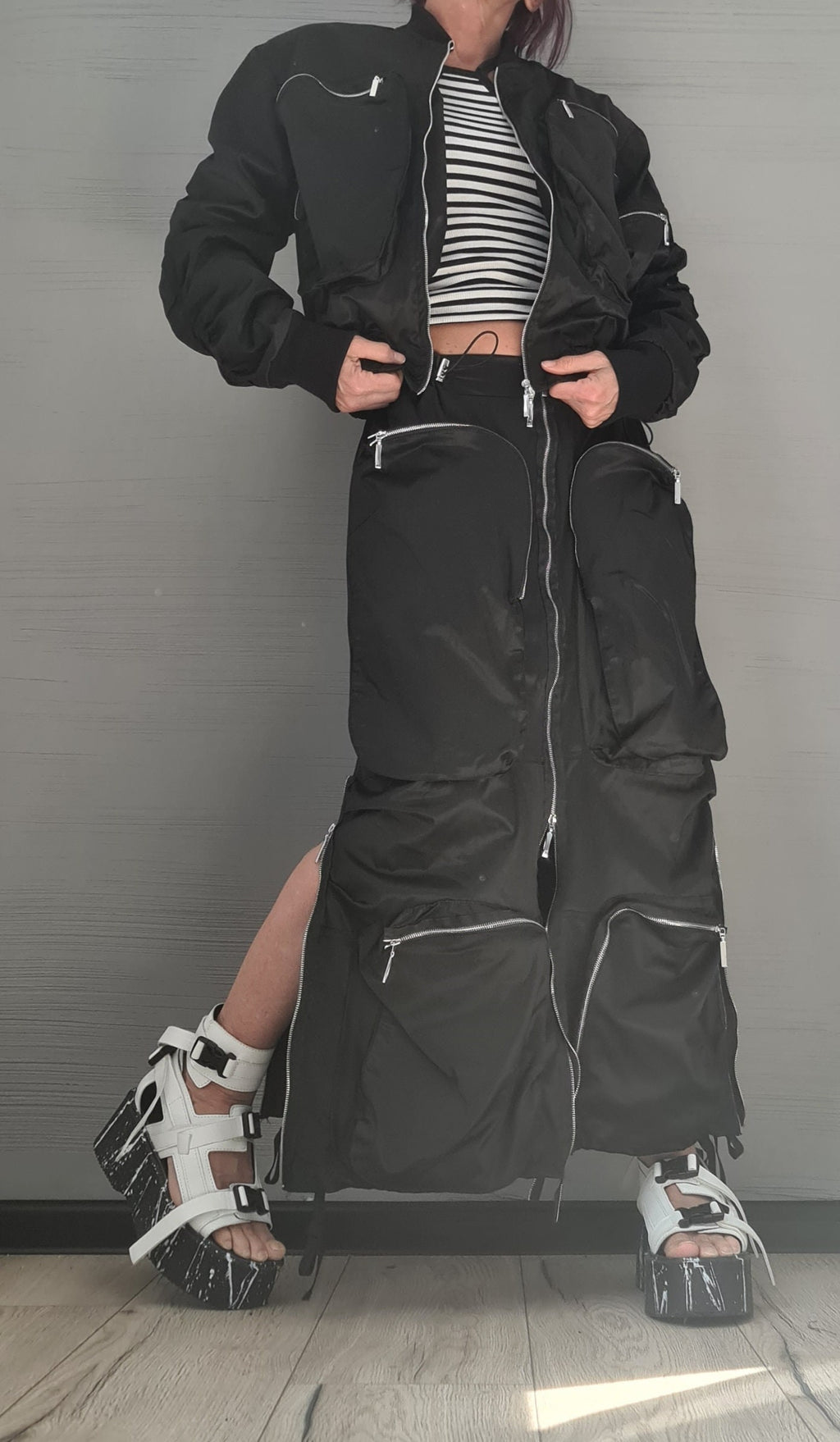 Extravagant Women Costume, Deconstructed Avant Garde Skirt Outside Pockets, Sexy Skirt, Short jacket with large outer pockets